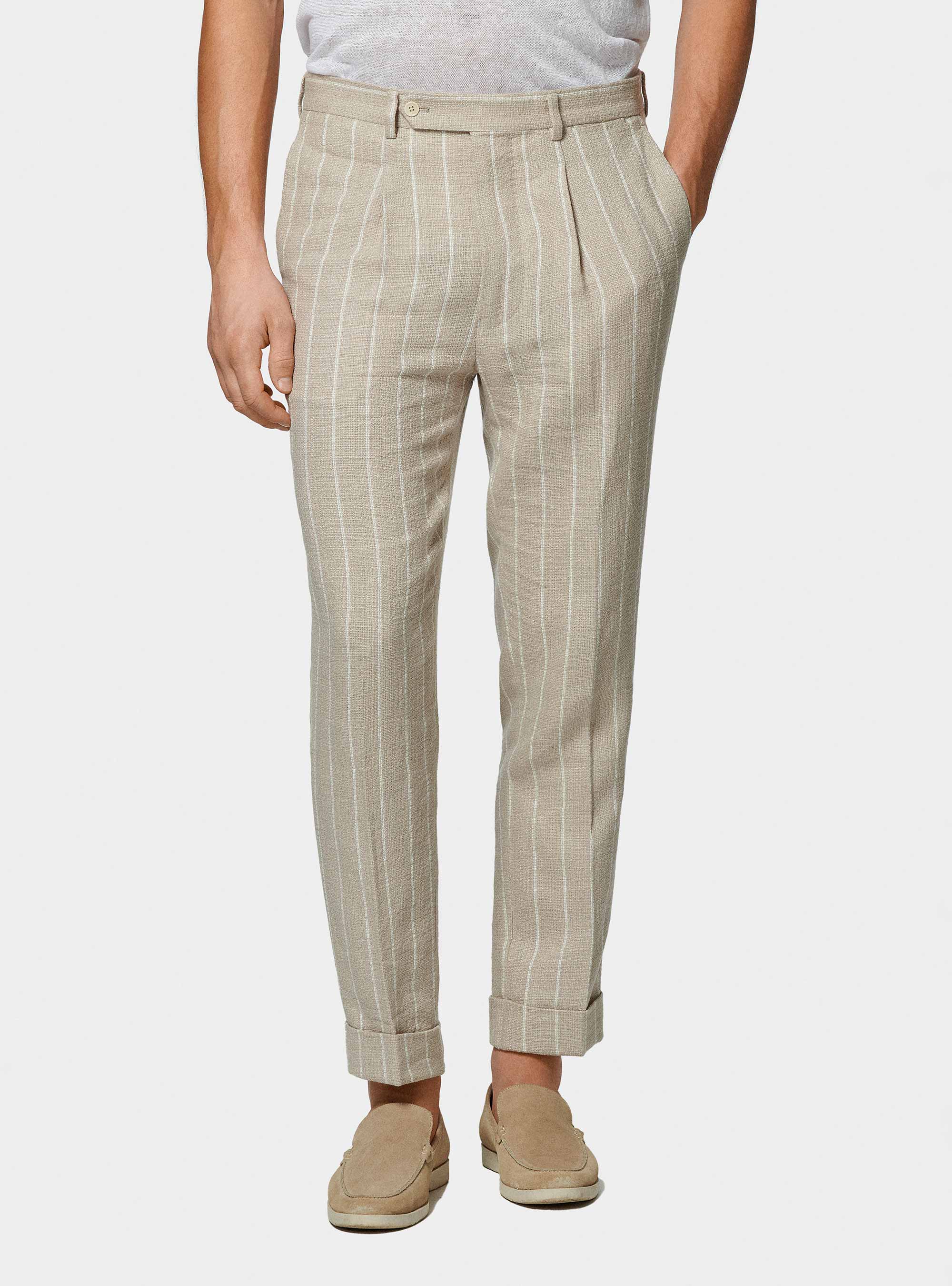 Pure linen crepe striped suit trousers, SAND