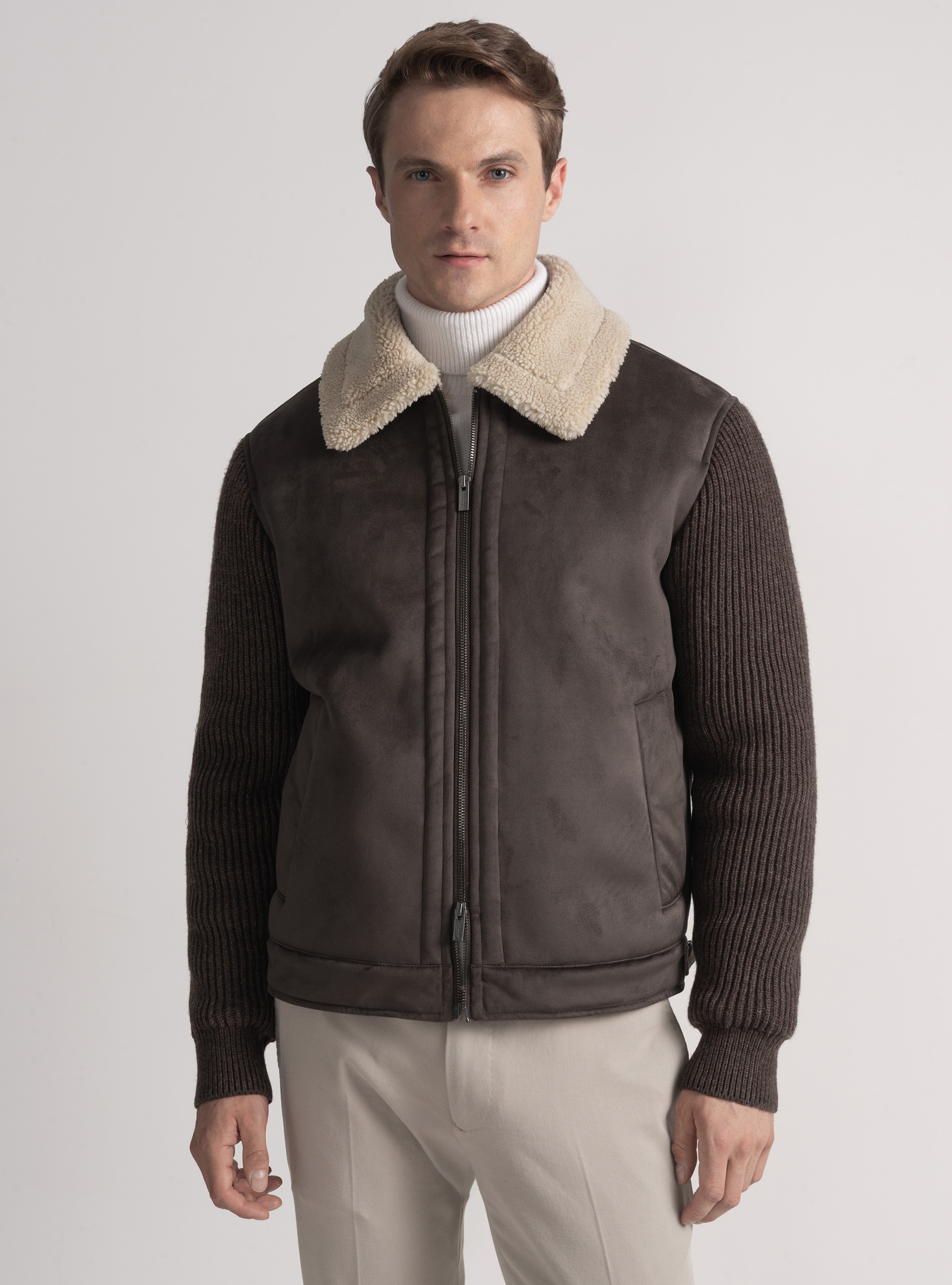 Suede-effect sheepskin with knitted sleeves, BROWN