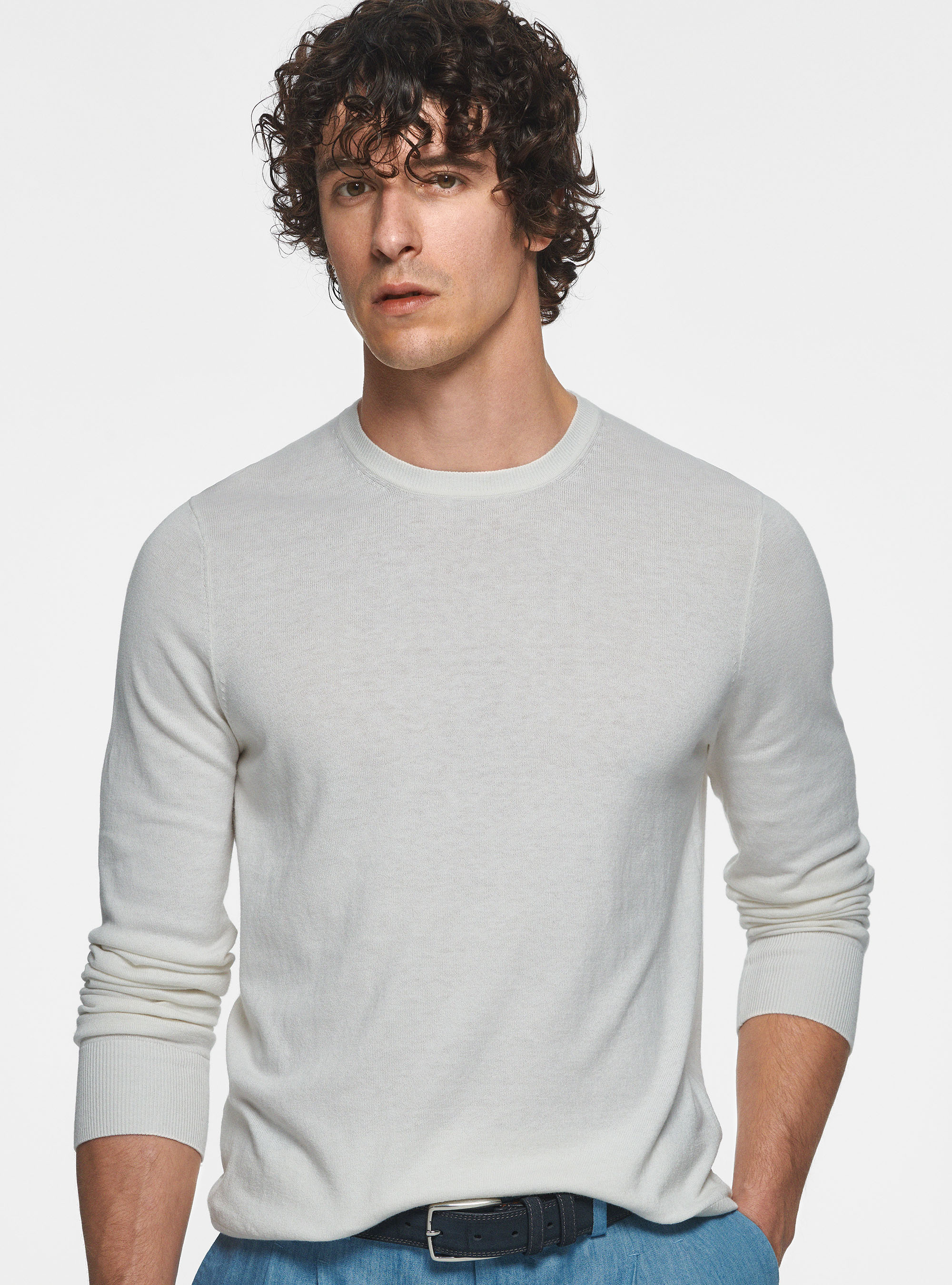 Maglia girocollo in cotone seta e cashmere, BIANCO