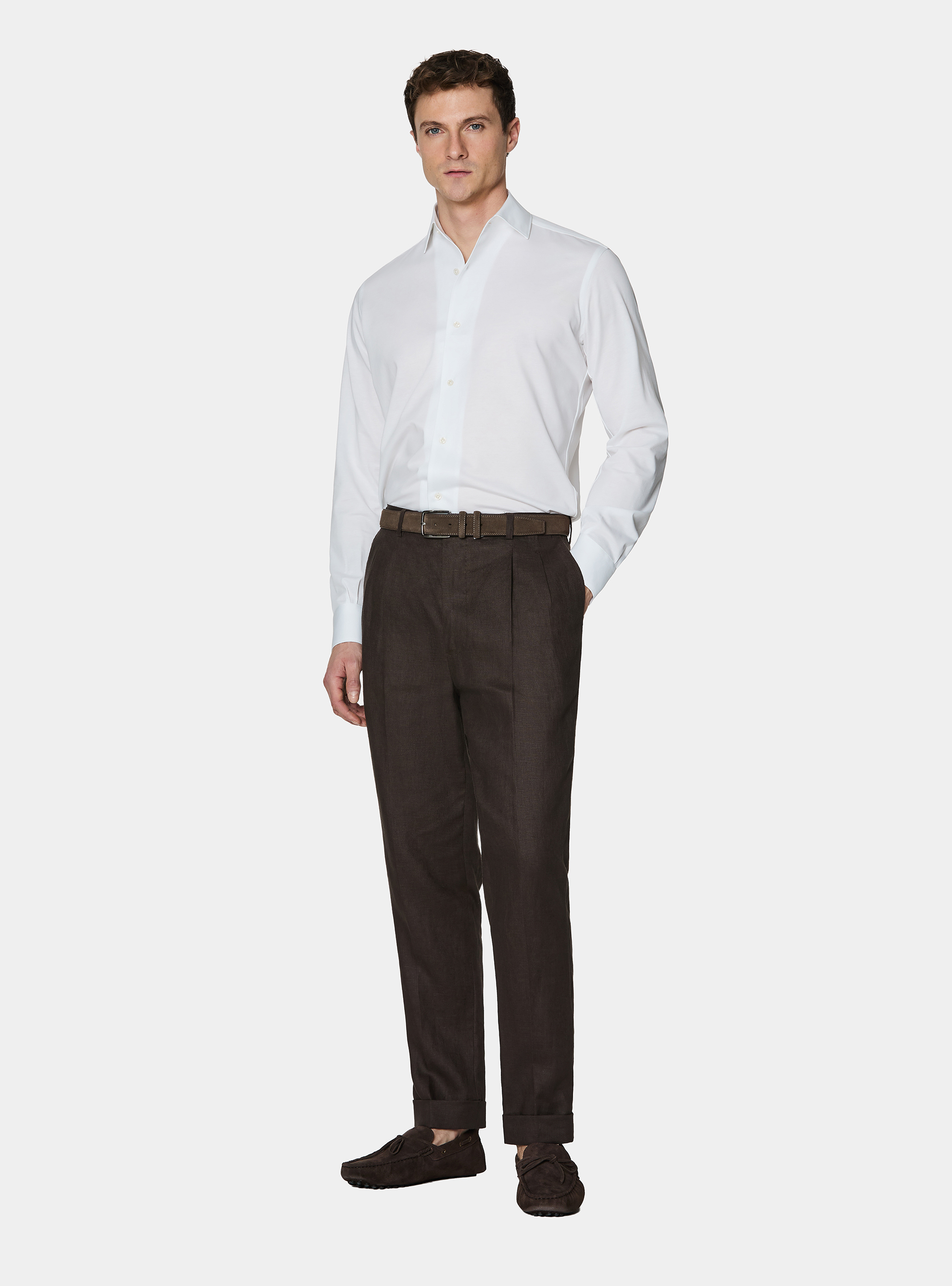 Pure linen double pleat trousers, BROWN