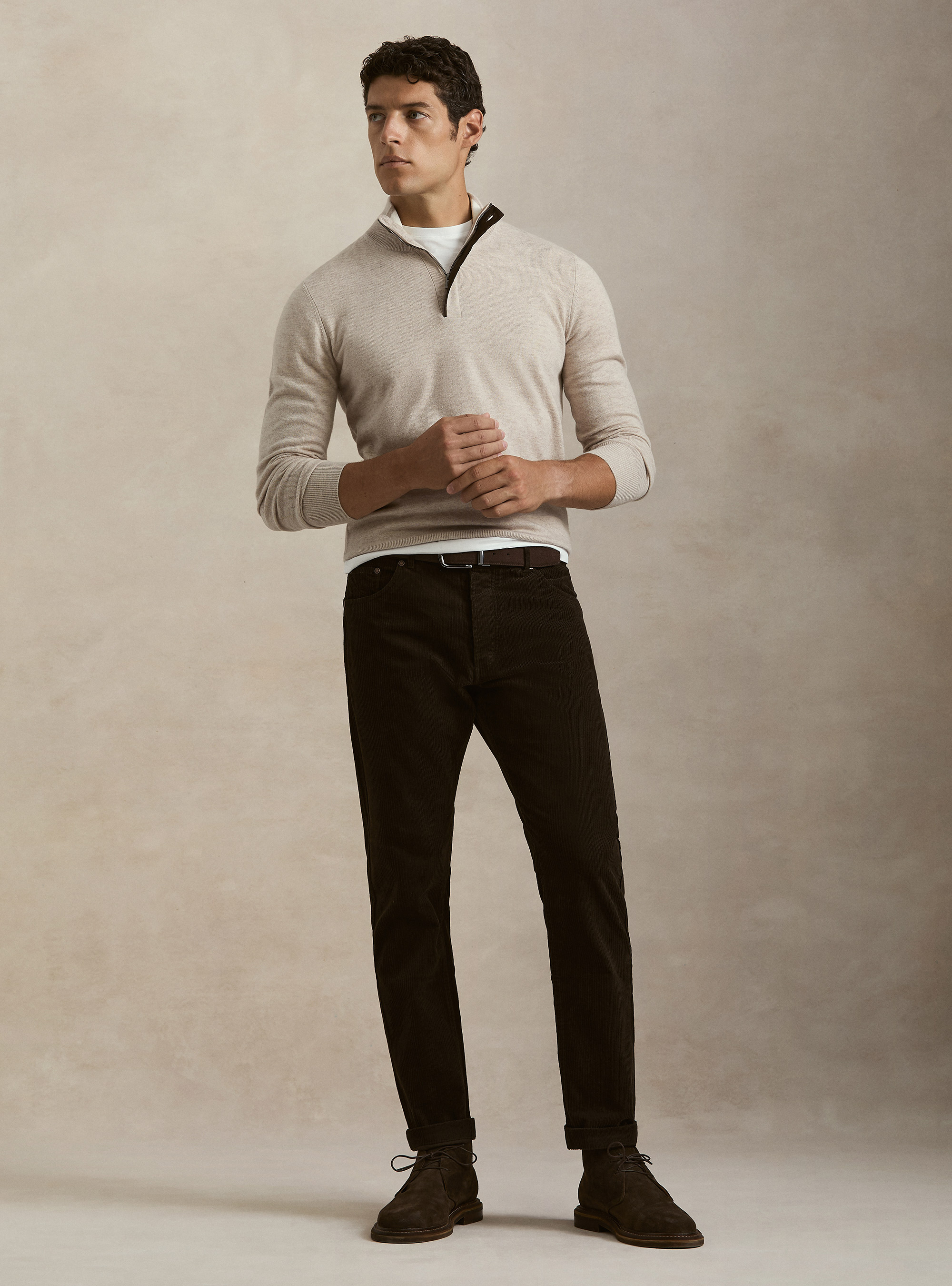 Maglia mezza zip con toppe in misto lana, ECRU