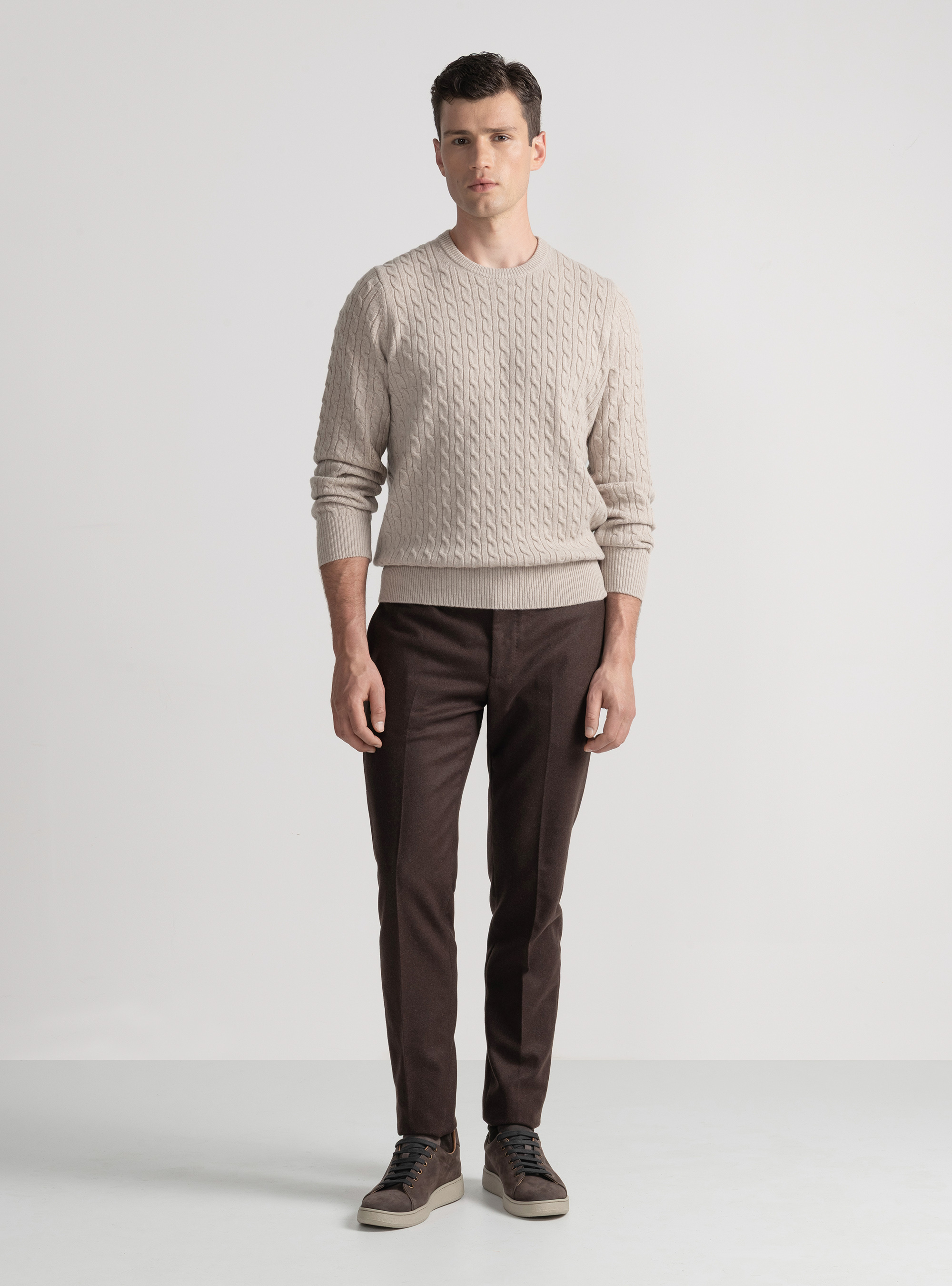 Crew-neck sweater with wool and cashmere braid, ECRU