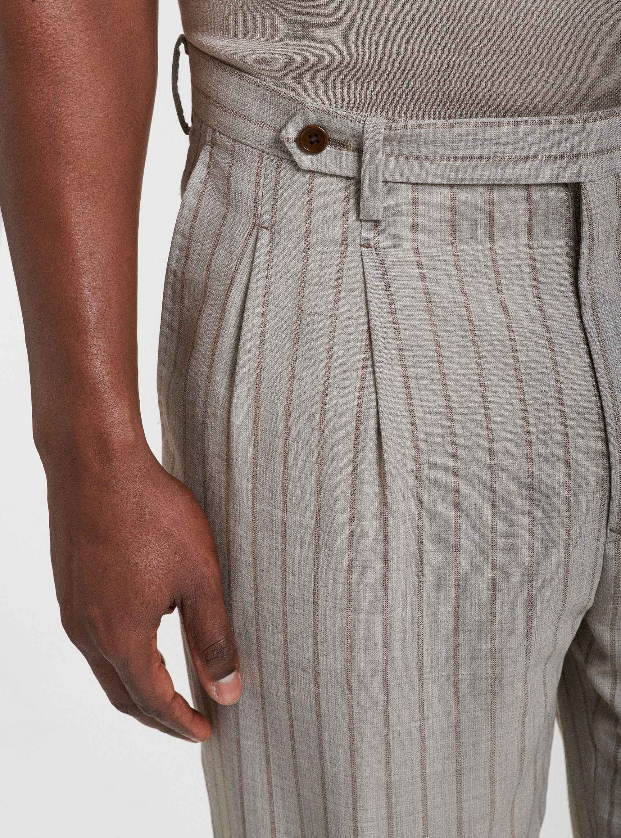 Pantaloni con doppia pince in pura lana rigata, SABBIA