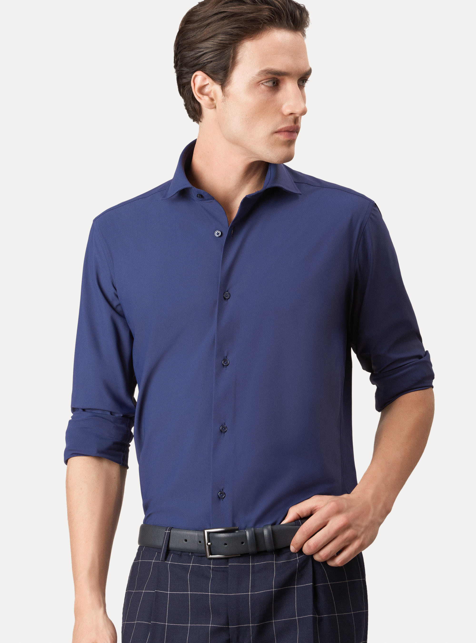 Chemise de voyage col fran&ccedil;ais semi-ouvert, BLEU MARINE