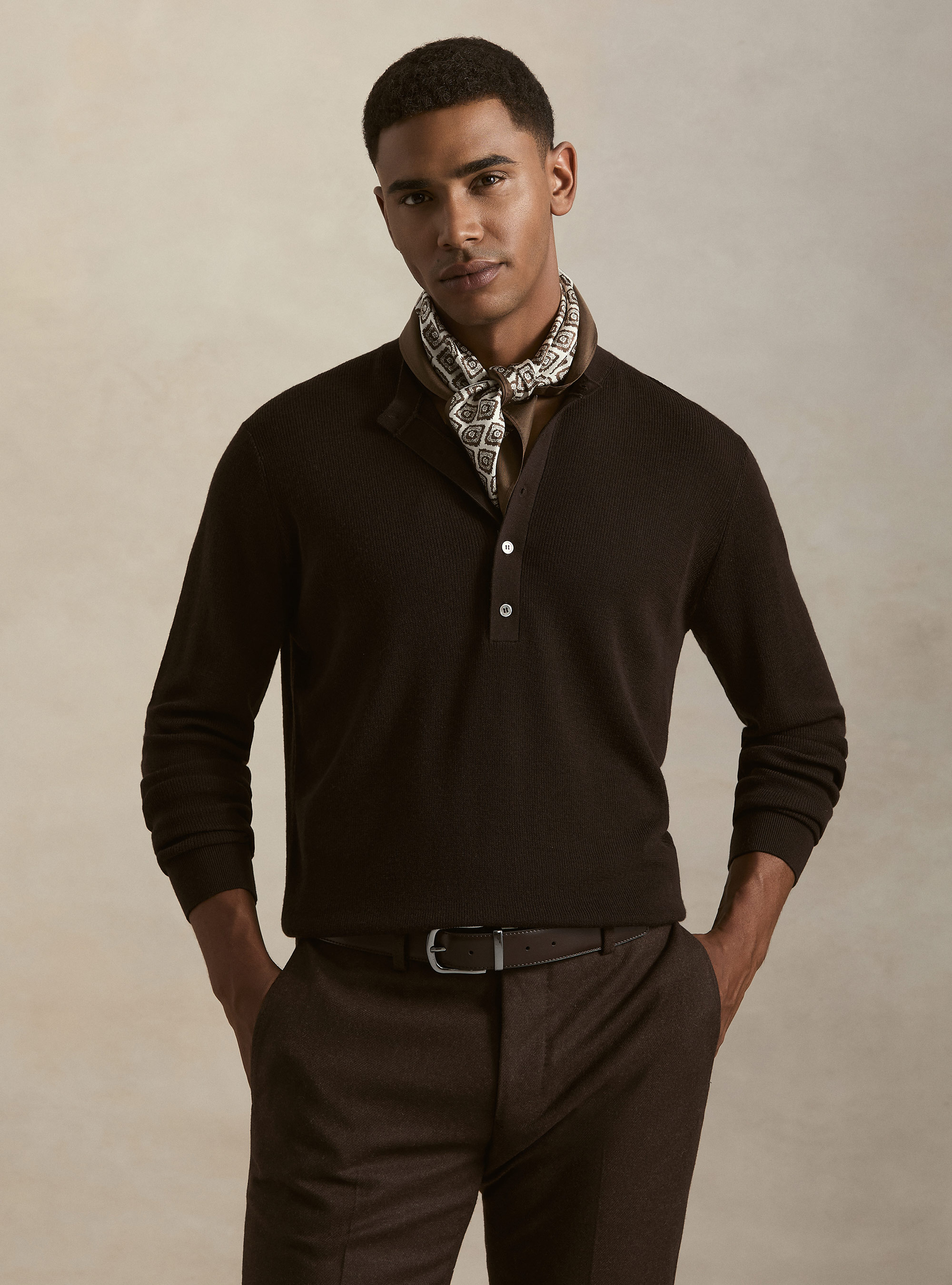 Ribbed wool Henley shirt, BROWN