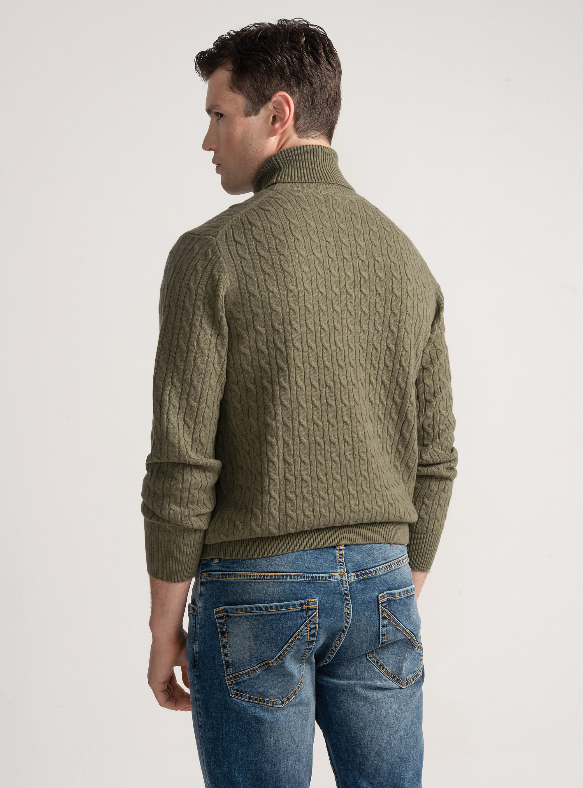 Maglia collo alto con treccia in lana cashmere, SALVIA 0602C