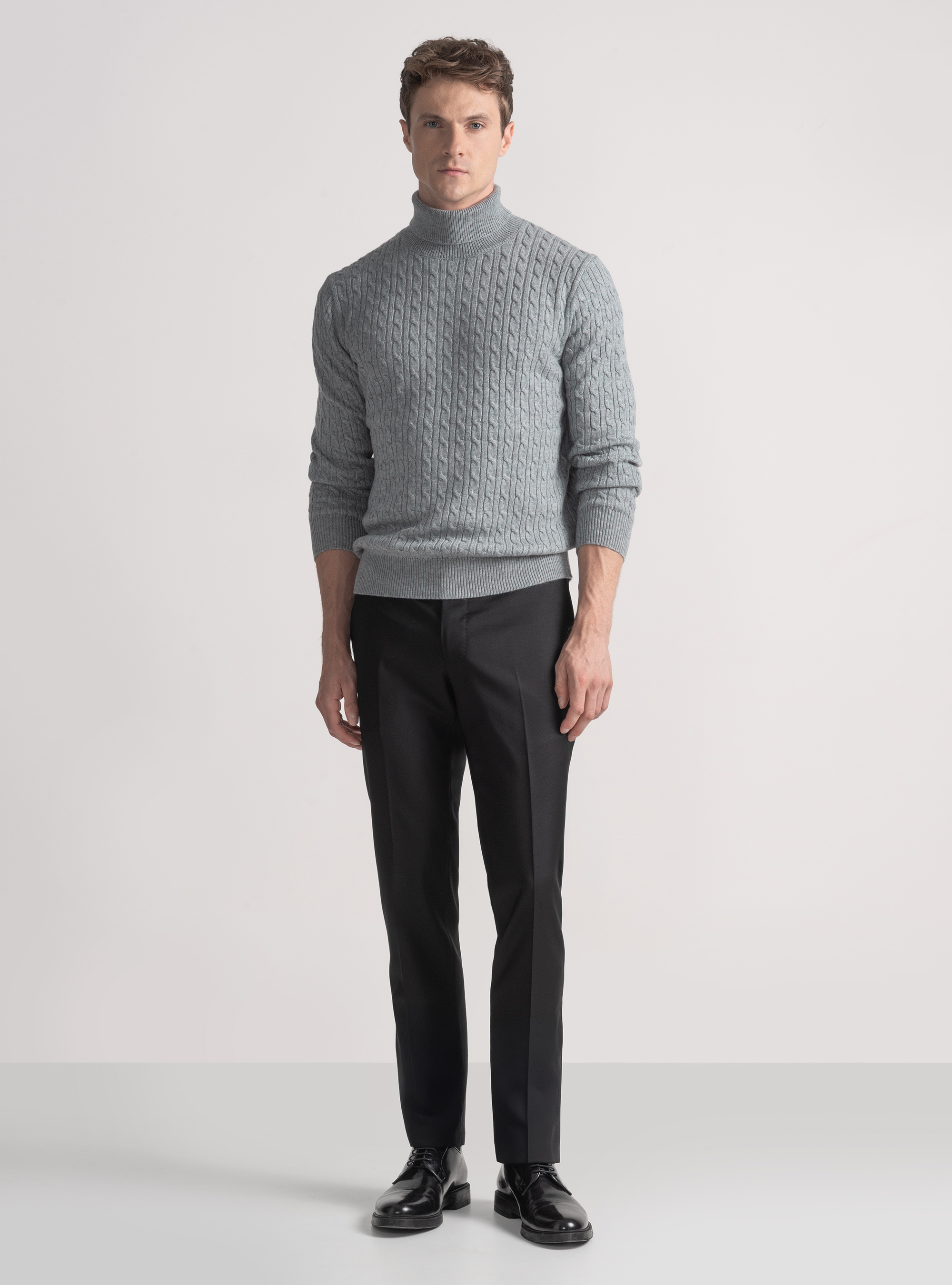 Maglia collo alto con treccia in misto lana, GRIGIO MELANGE 0151C