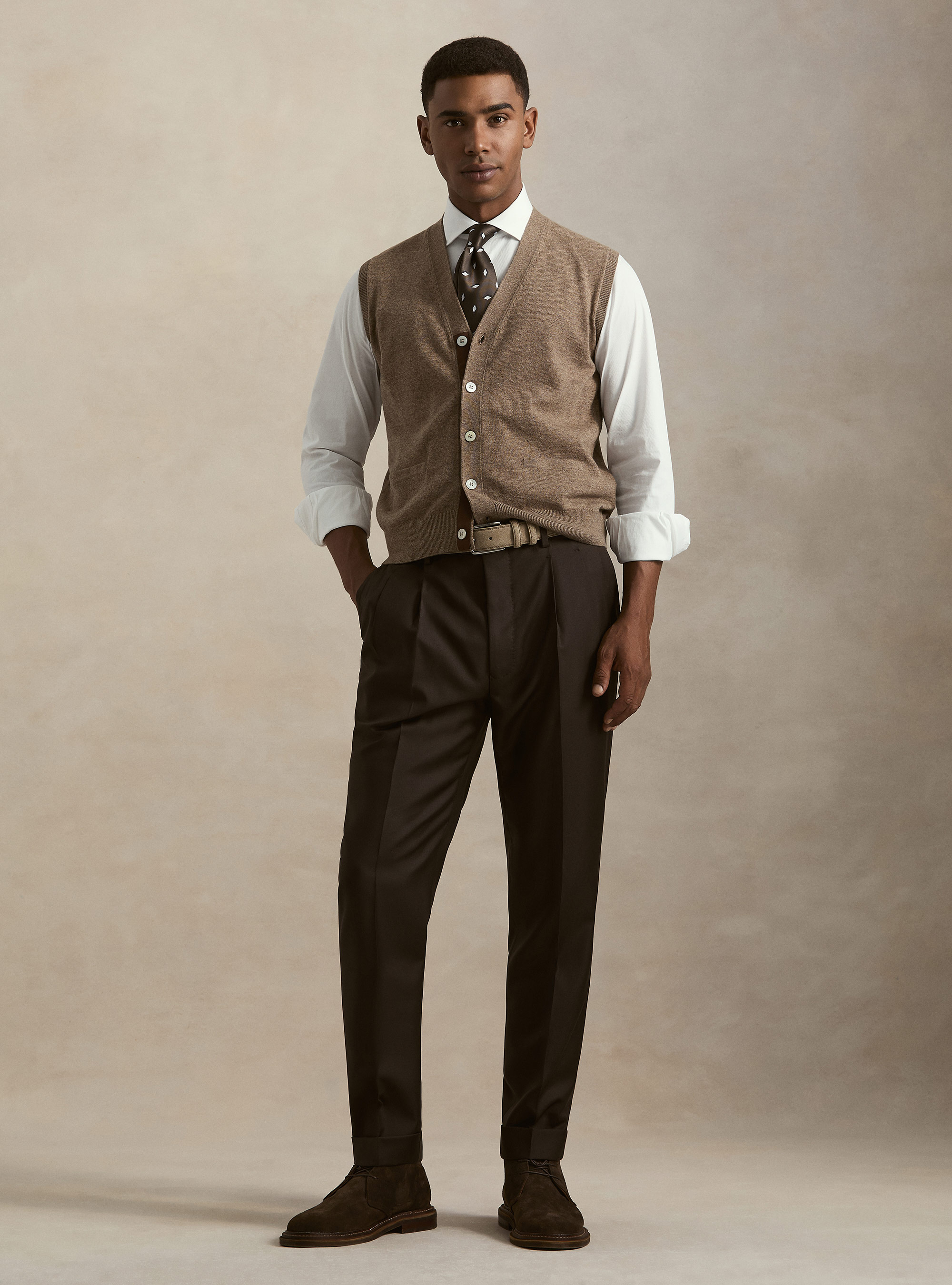 Gilet con bottoni in maglia misto lana, FANGO
