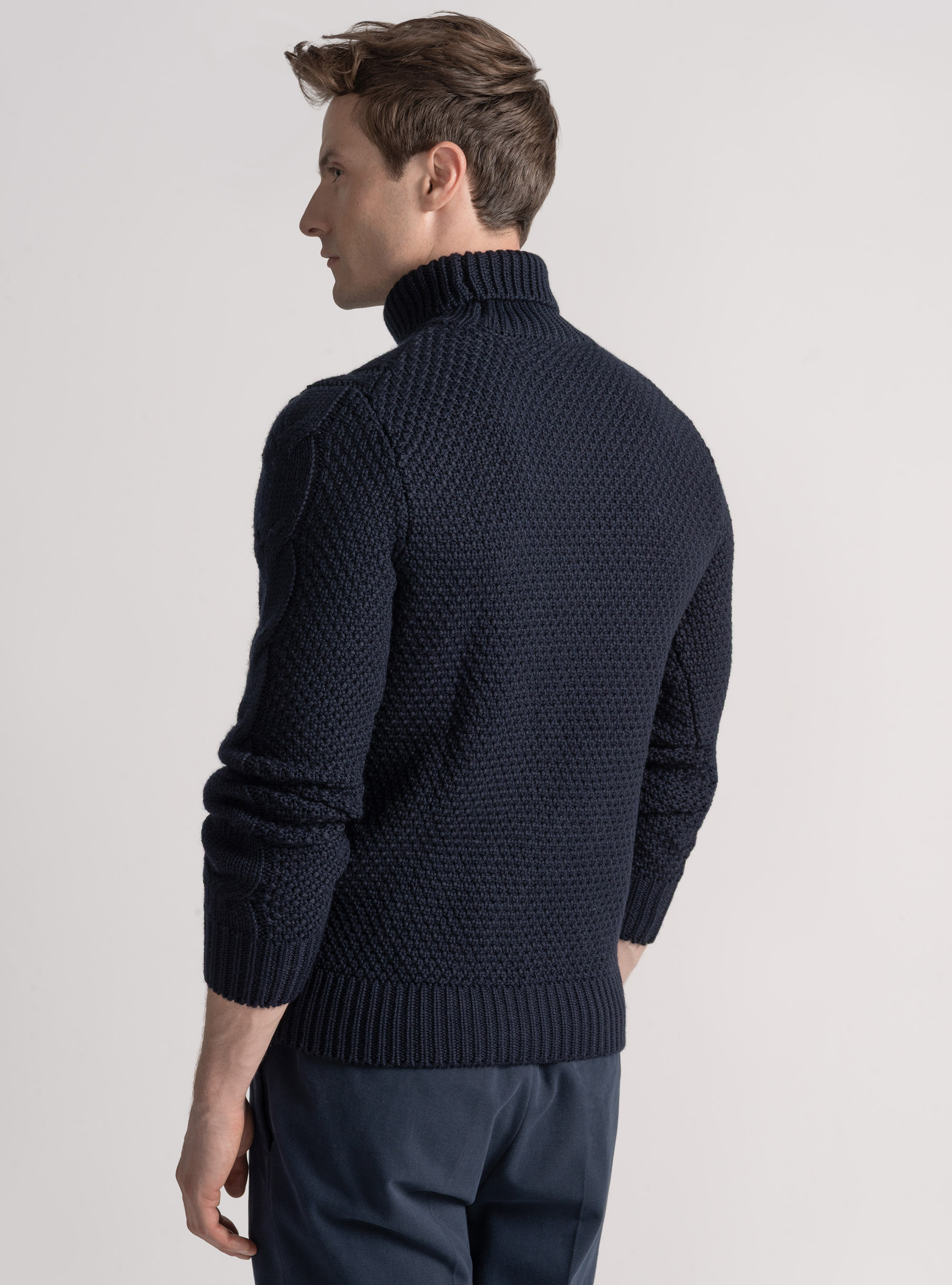 Wool-blend turtleneck sweater with braid, NAVY BLUE