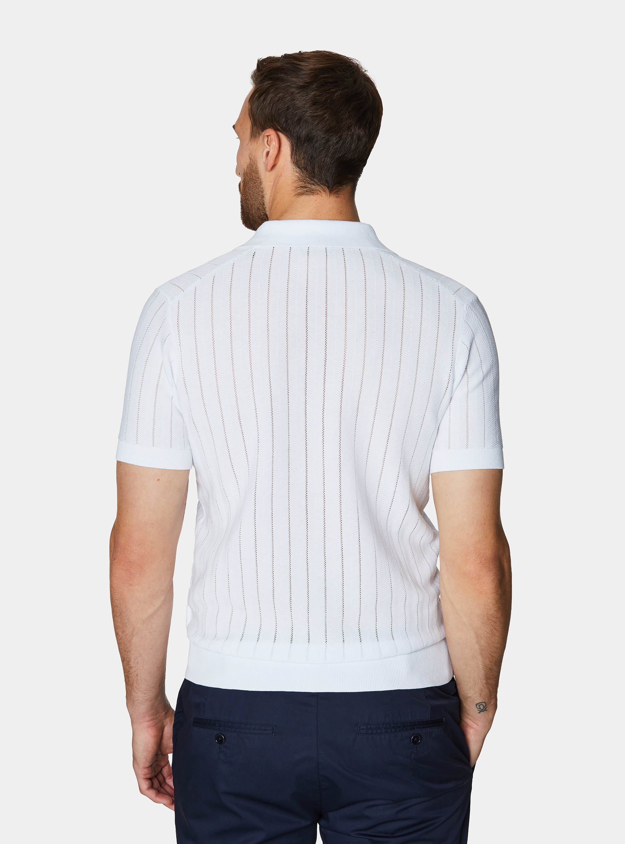 Perforated polo shirt in herringbone cotton, WHITE