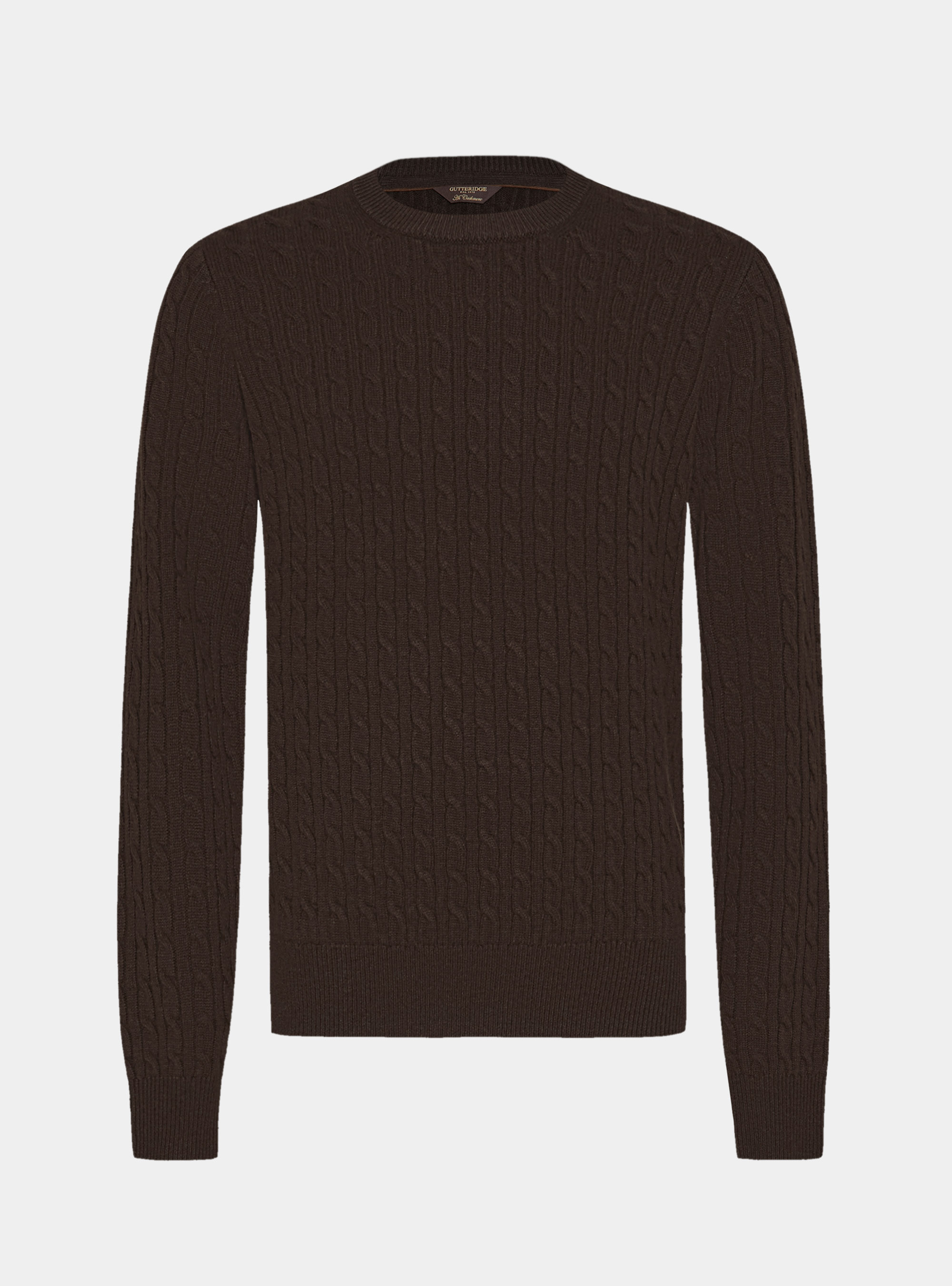 Maglia girocollo con treccia in lana e cashmere, MARRONE