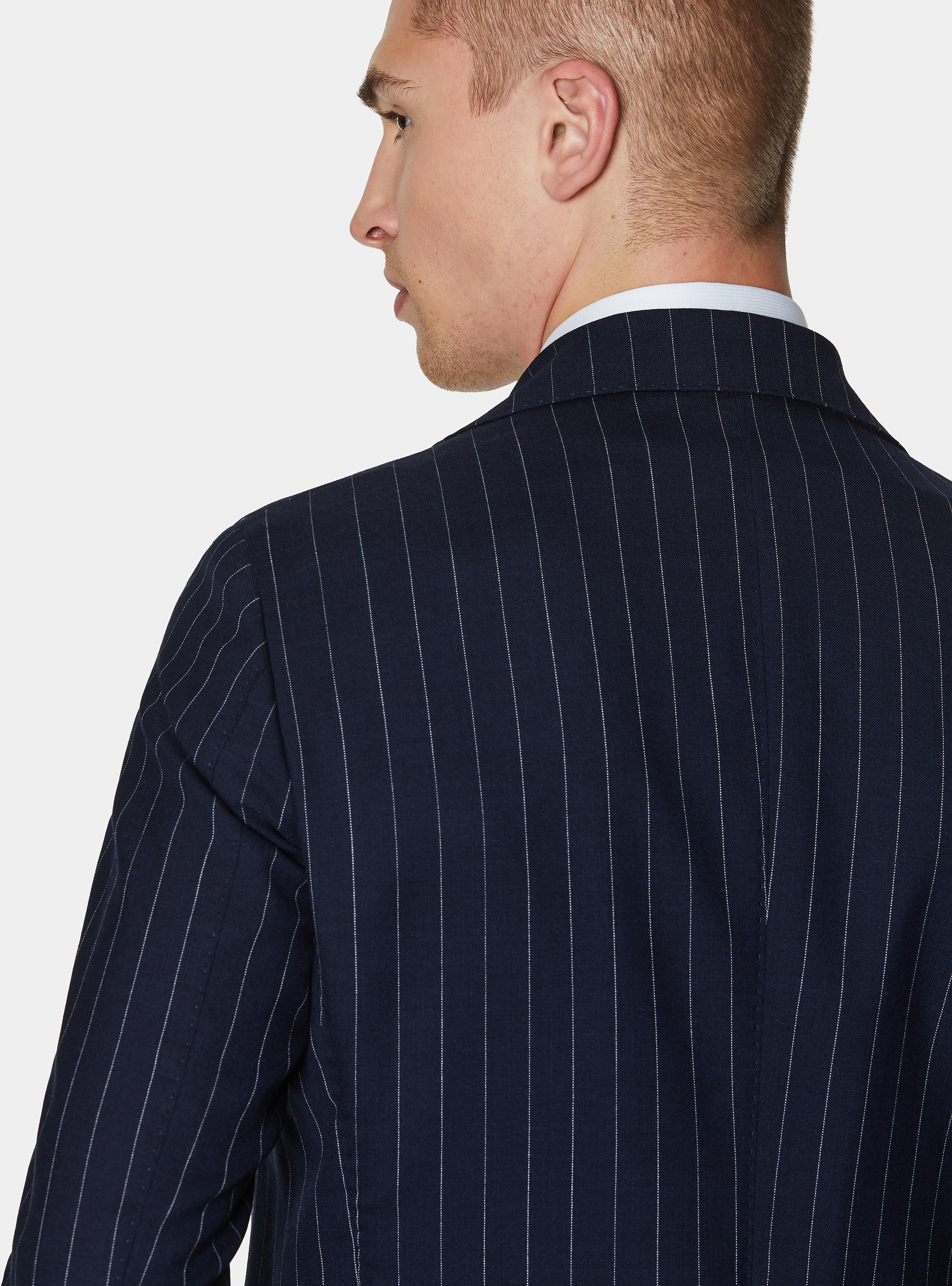 Double-breasted pinstriped wool suit blazer, NAVY BLUE