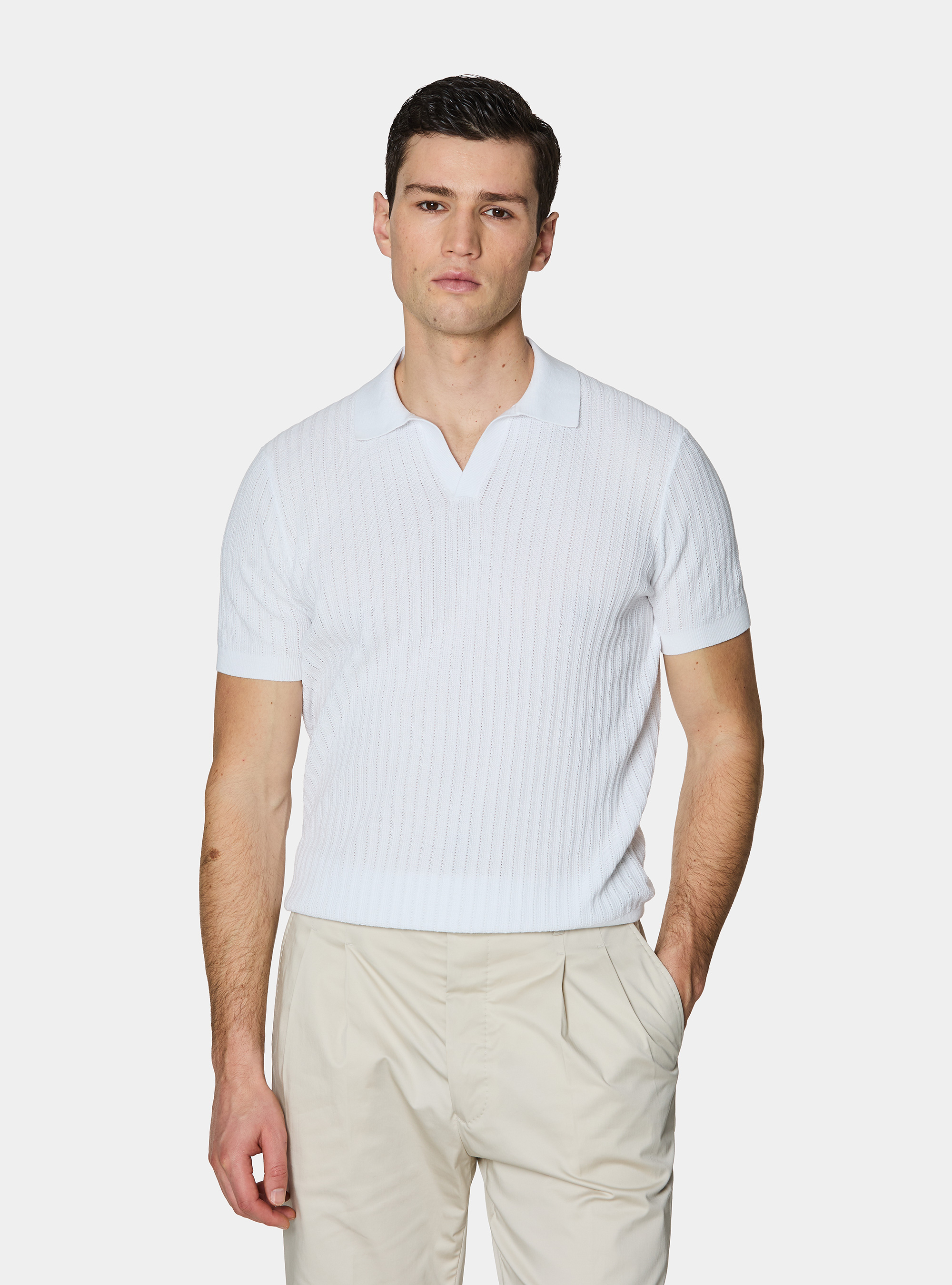 Perforated knit polo shirt without buttons in extra-fine cotton, WHITE