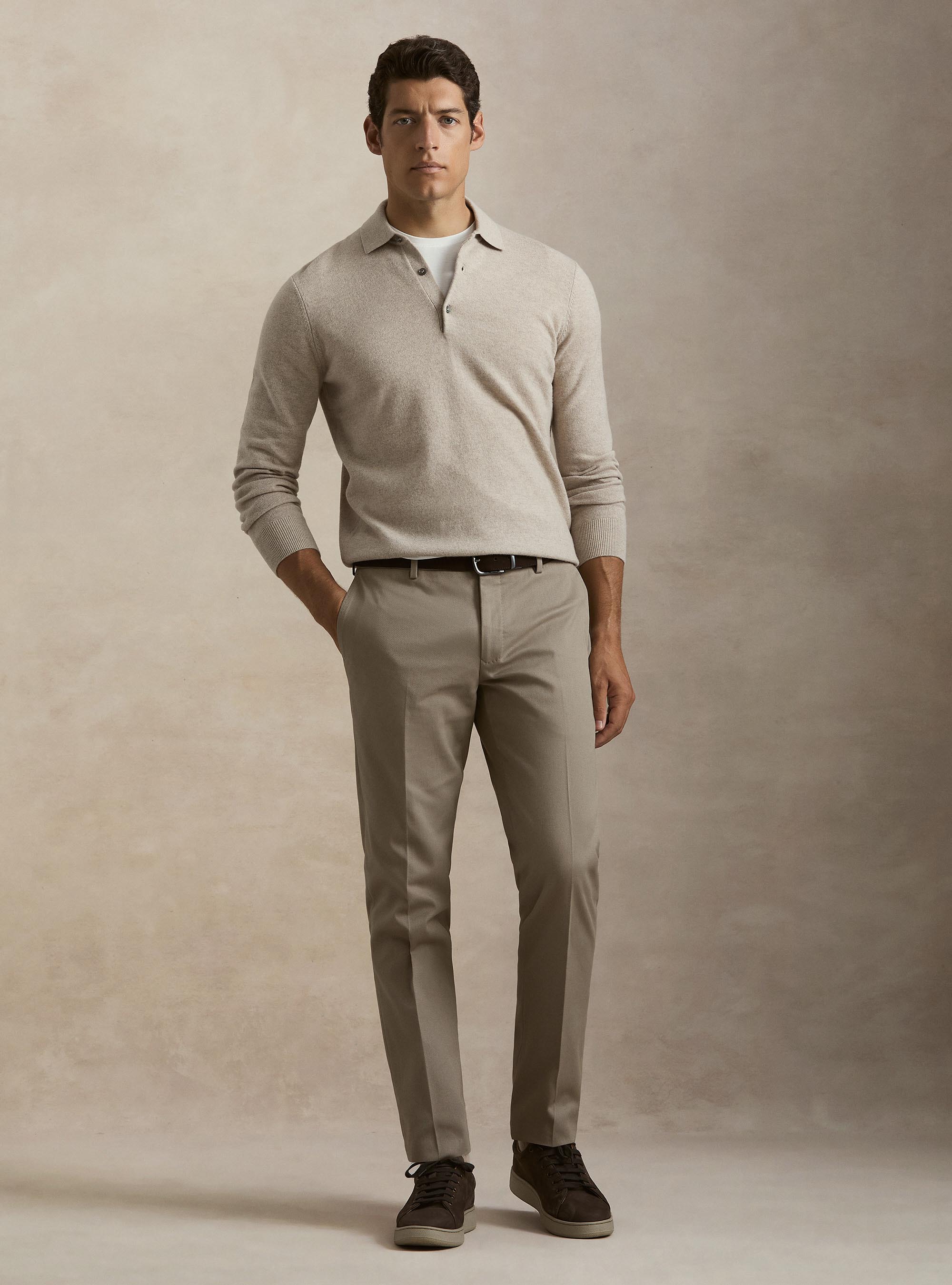 Wool and cashmere knitted polo, ECRU