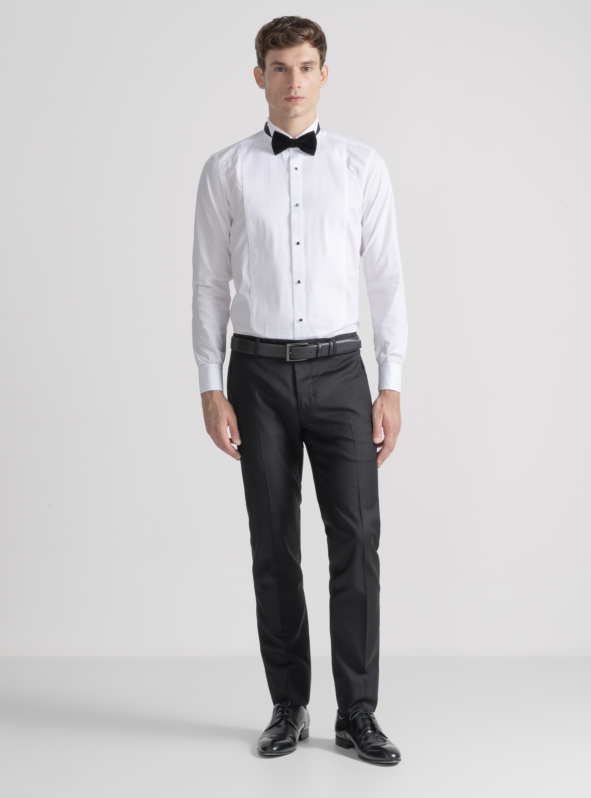 Camicia smoking collo diplomatico con plastron, BIANCO