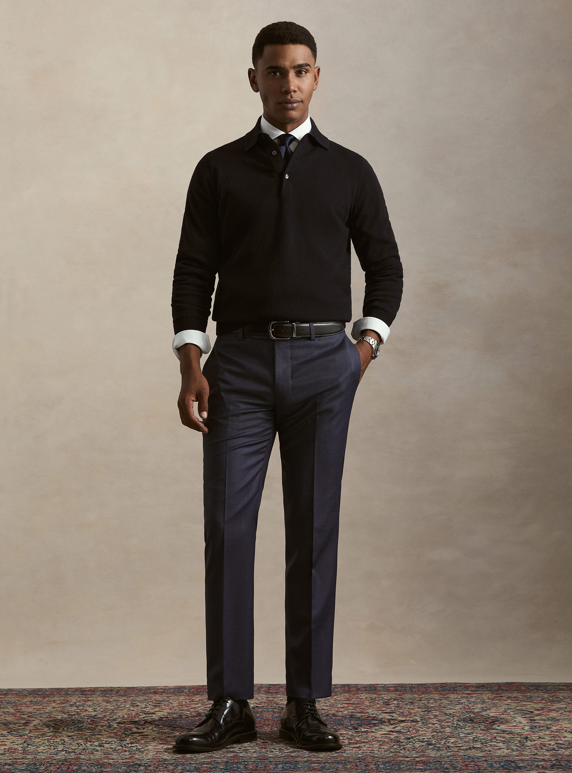 Long-sleeve polo shirt made of pure cashmere, NAVY BLUE