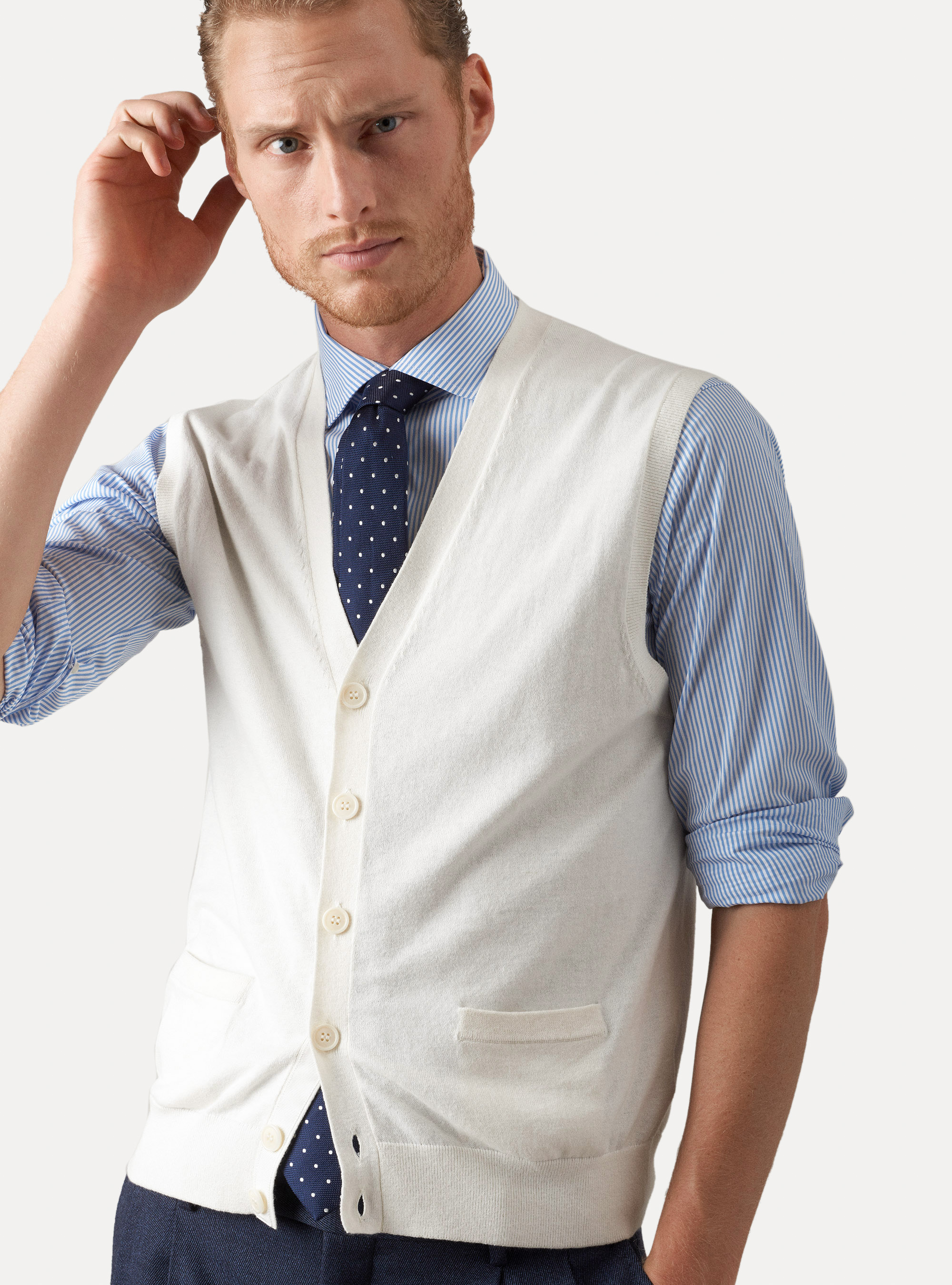 Gilet in maglia in cotone seta e cashmere, BIANCO
