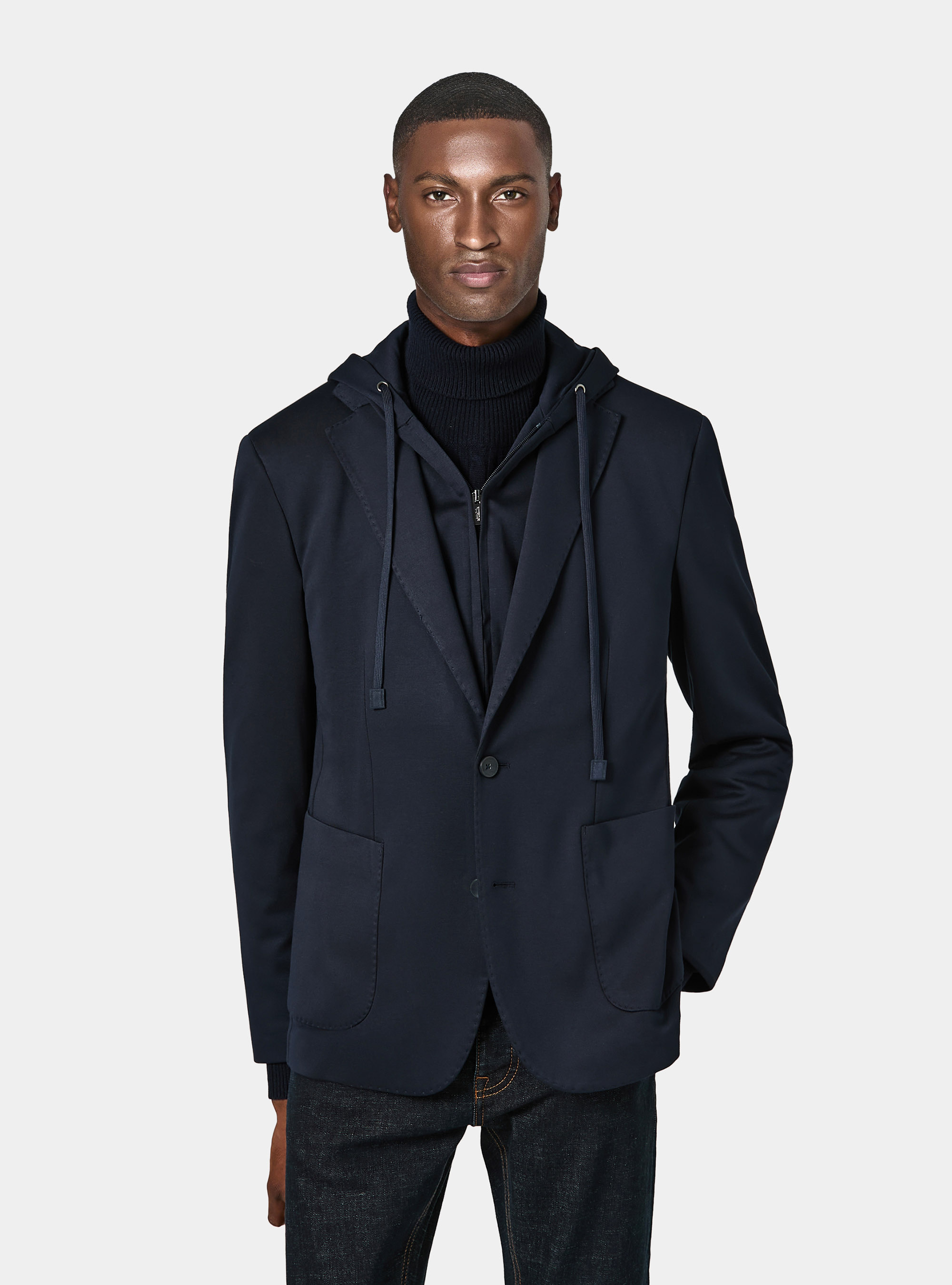 Giacca jersey con cappuccio removibile, BLU NAVY