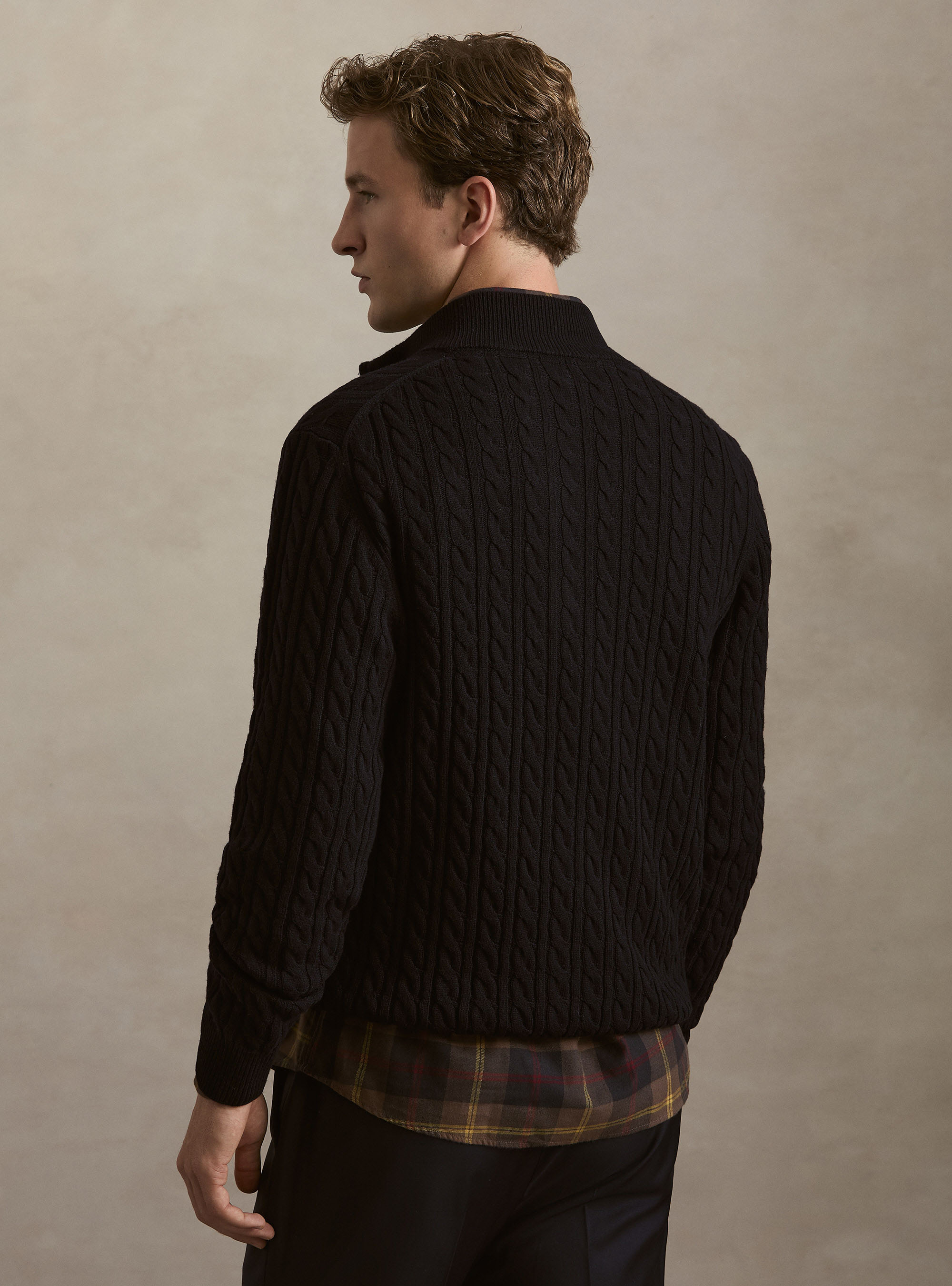 Maglia collo mock con trecca in misto lana, BLU NAVY