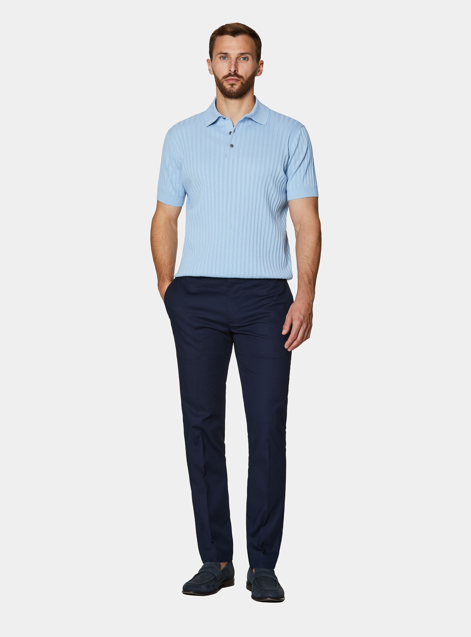 Extra-fine cotton knit polo shirt with openwork ribbing, 0266C AZZURRO