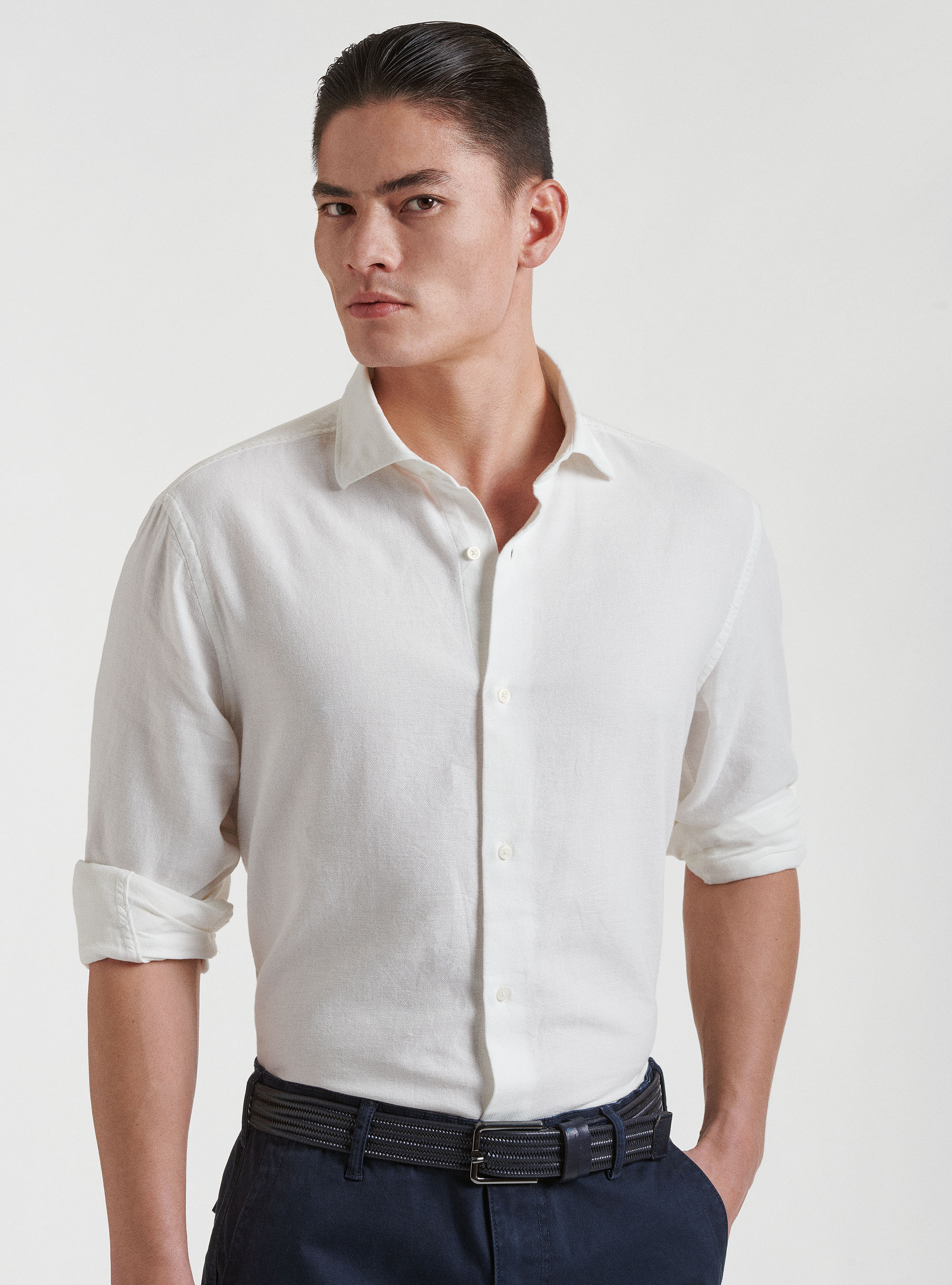 Camicia collo semi francese in puro cotone garzato, BIANCO