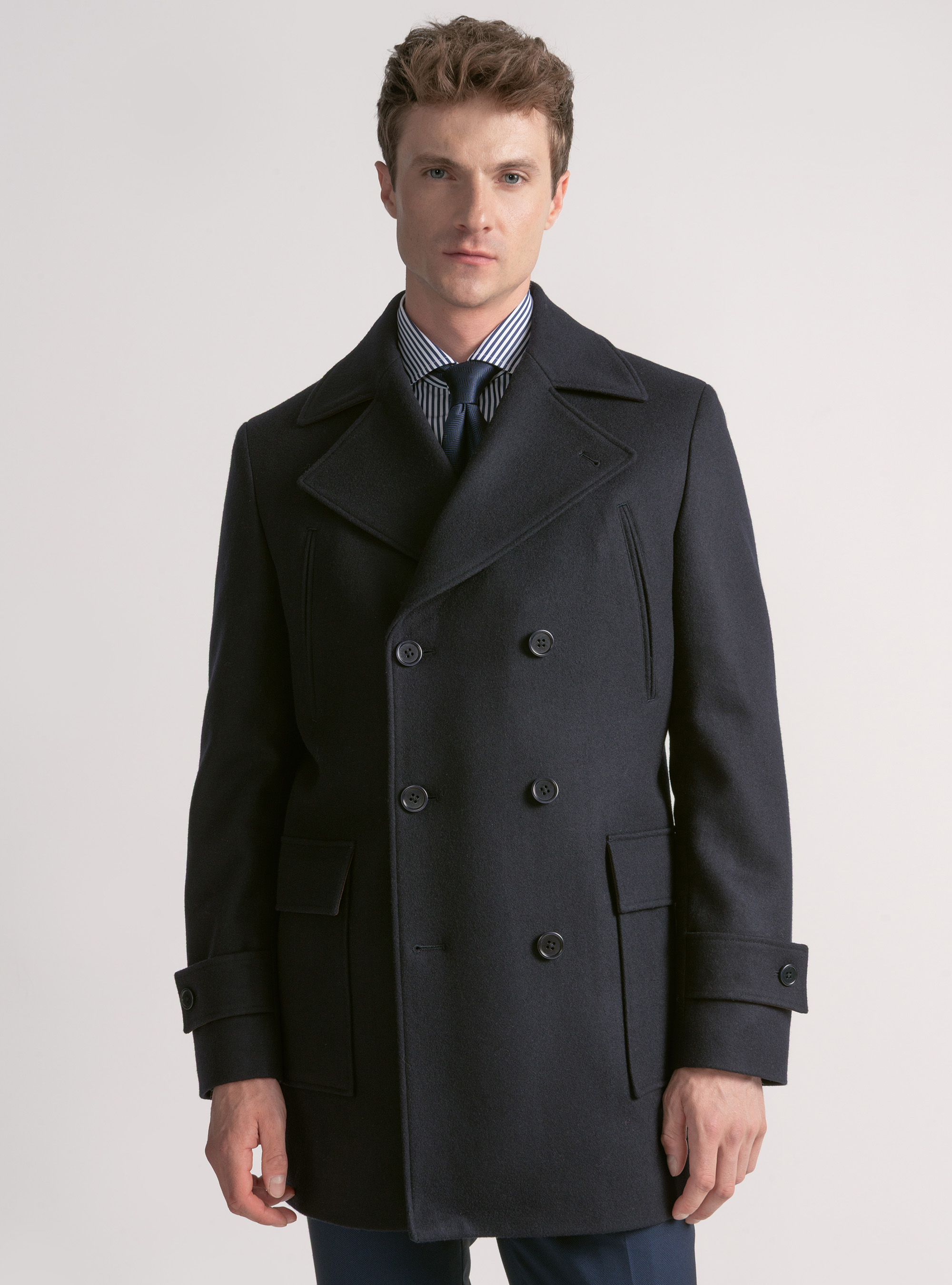 Wool-blend peacoat with patch pockets, NAVY BLUE