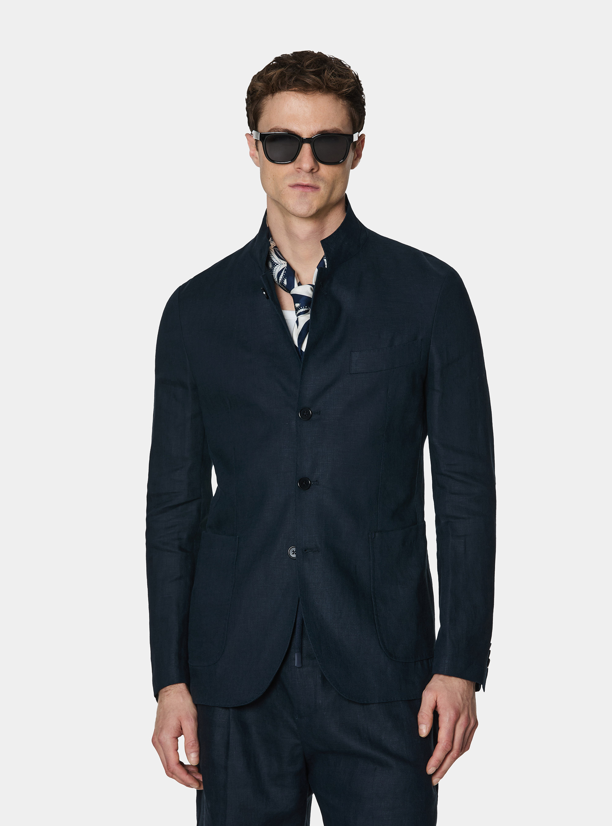 Veste cor&eacute;enne en pur lin, BLEU MARINE