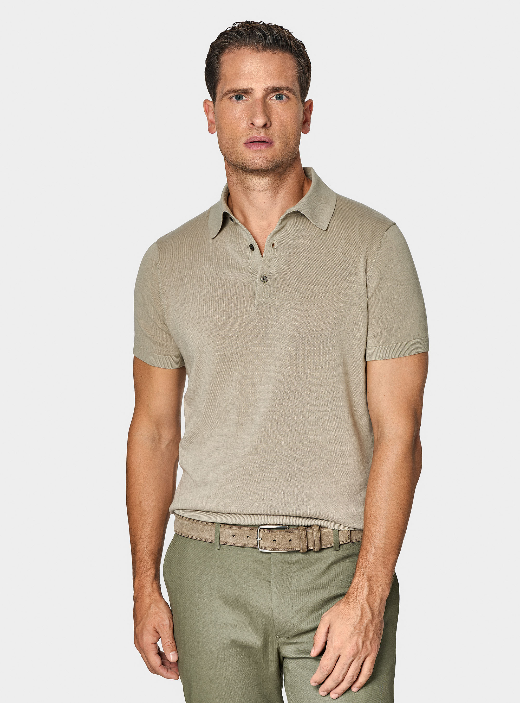 Extra-fine cotton knit polo shirt, SAND