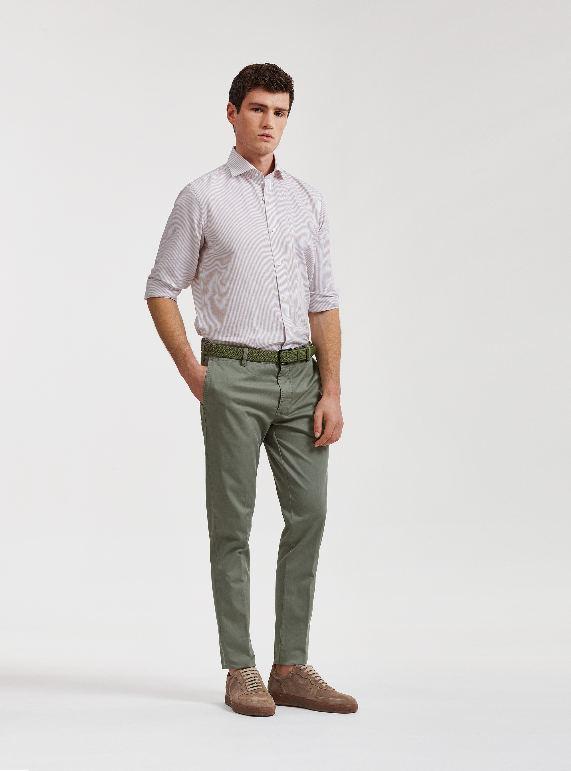 Camicia collo semi francese in lino e cotone rigato, SABBIA