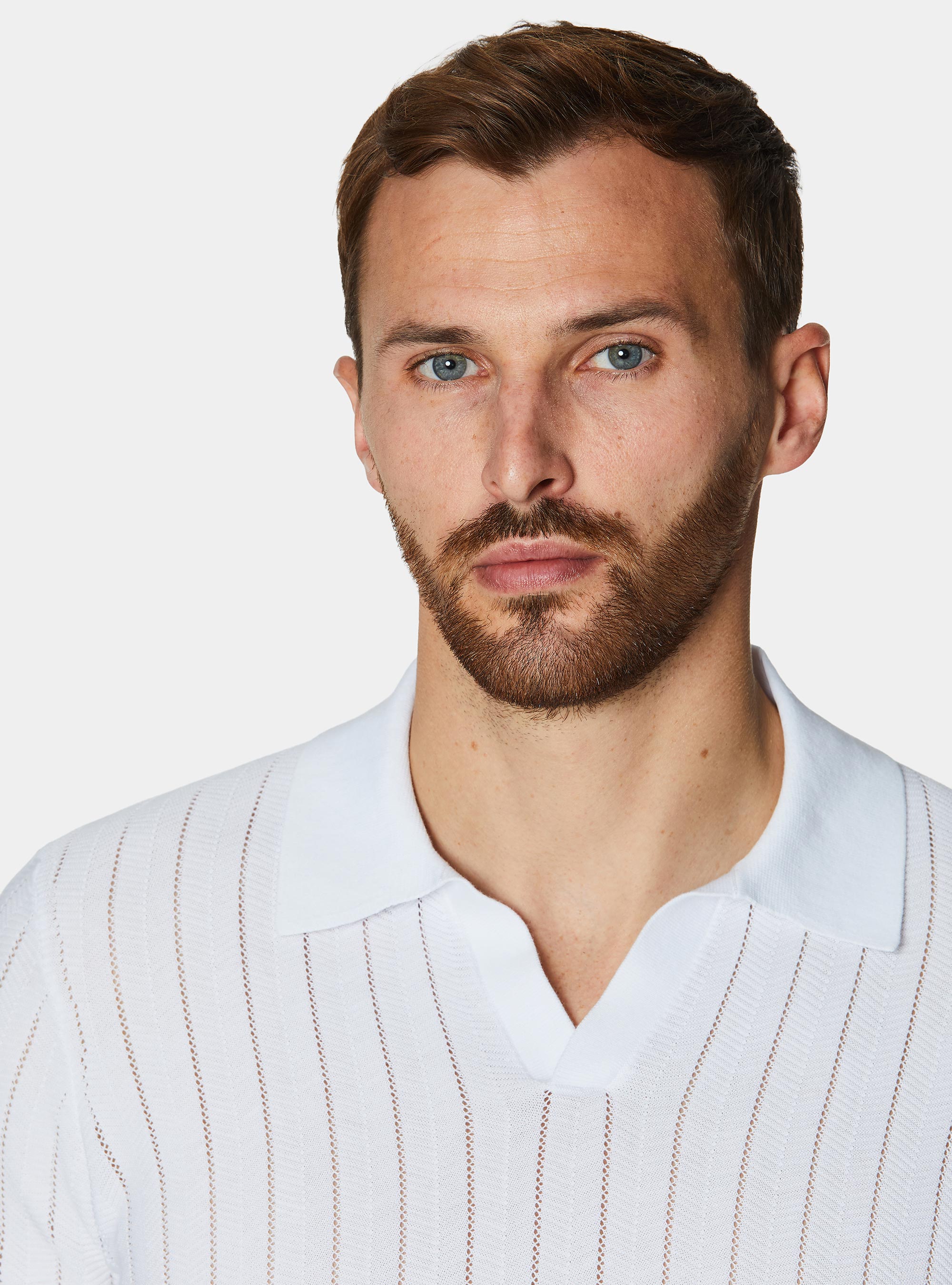 Perforated polo shirt in herringbone cotton, WHITE