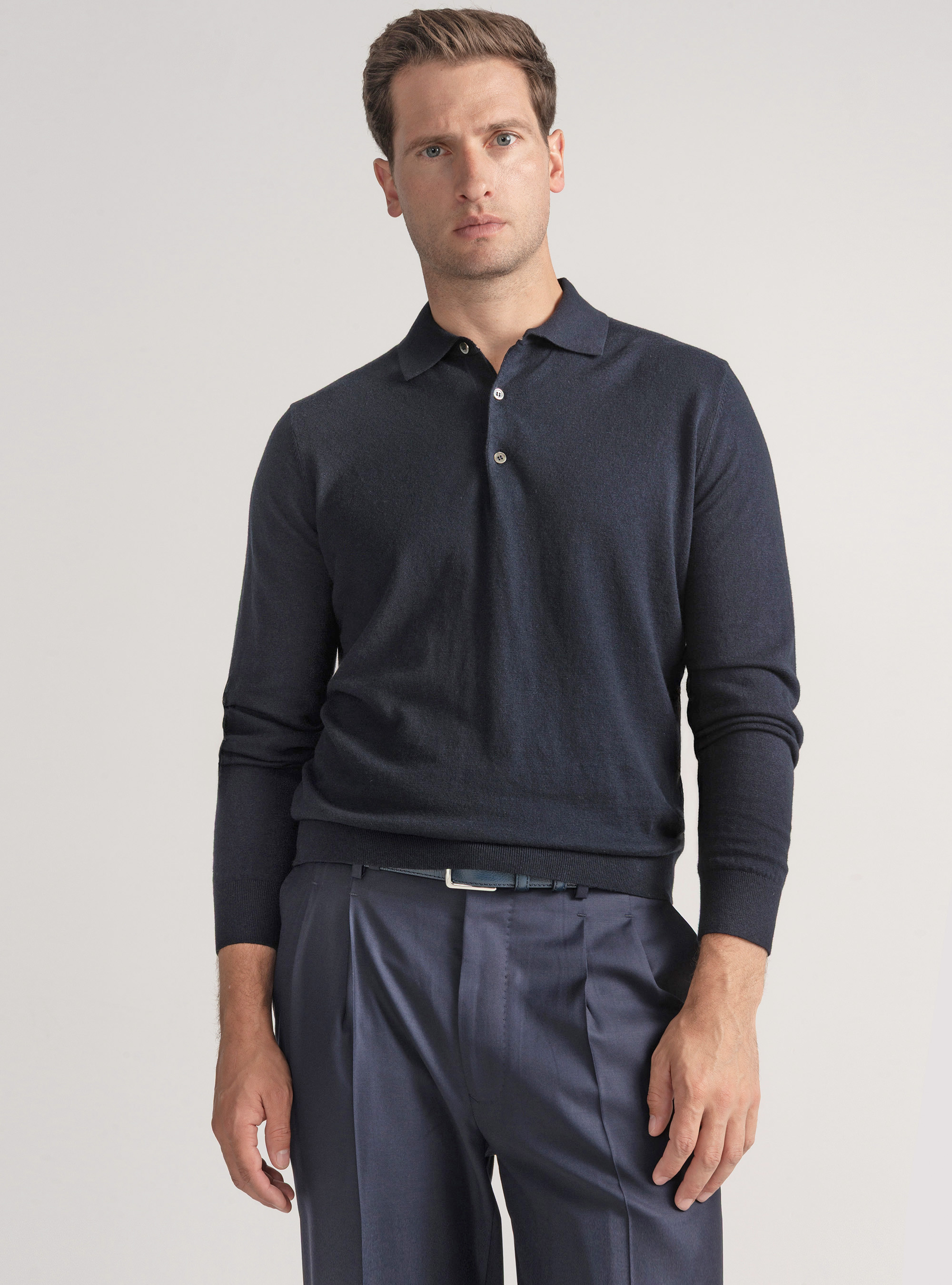 Polo en coton et cachemire, BLEU MARINE