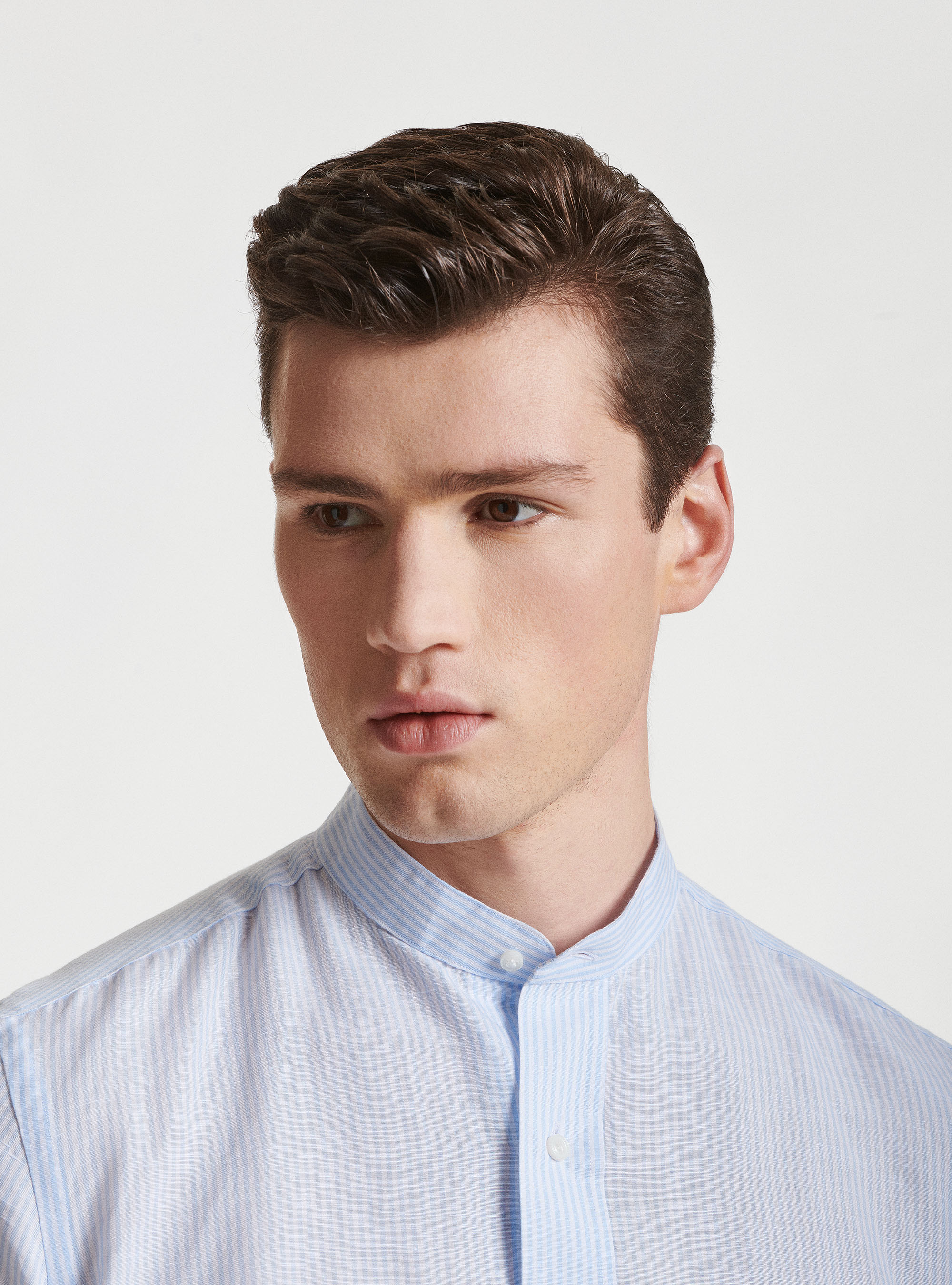 Camicia collo alla coreana in lino e cotone, AZZURRO