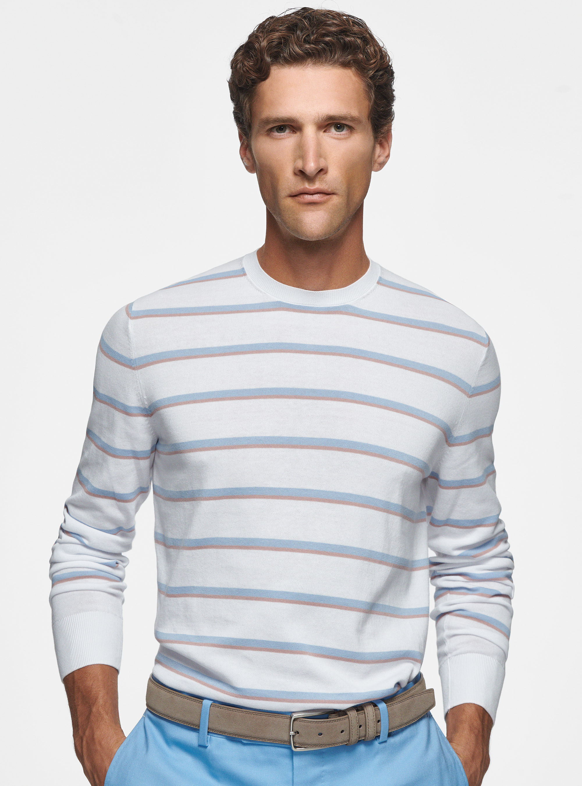 Maglia girocollo in cotone rigato, BIANCO