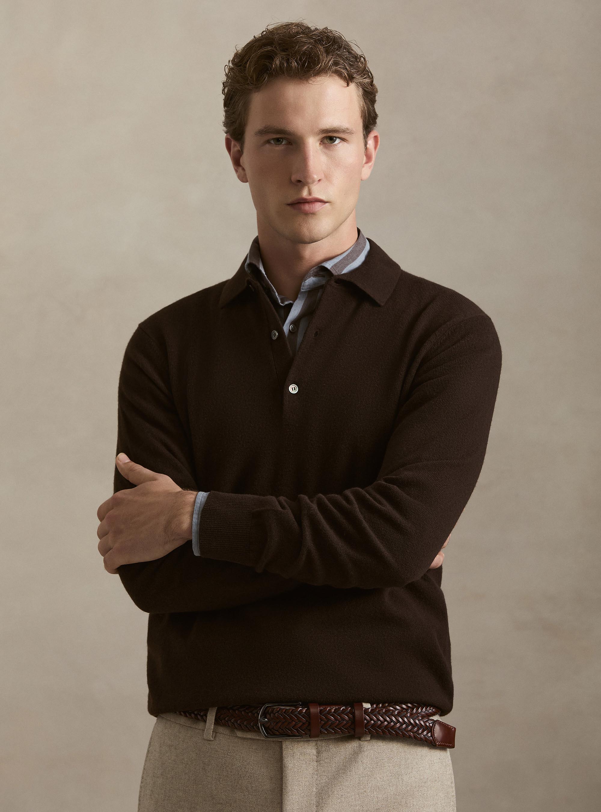 Wool and cashmere knitted polo, BROWN