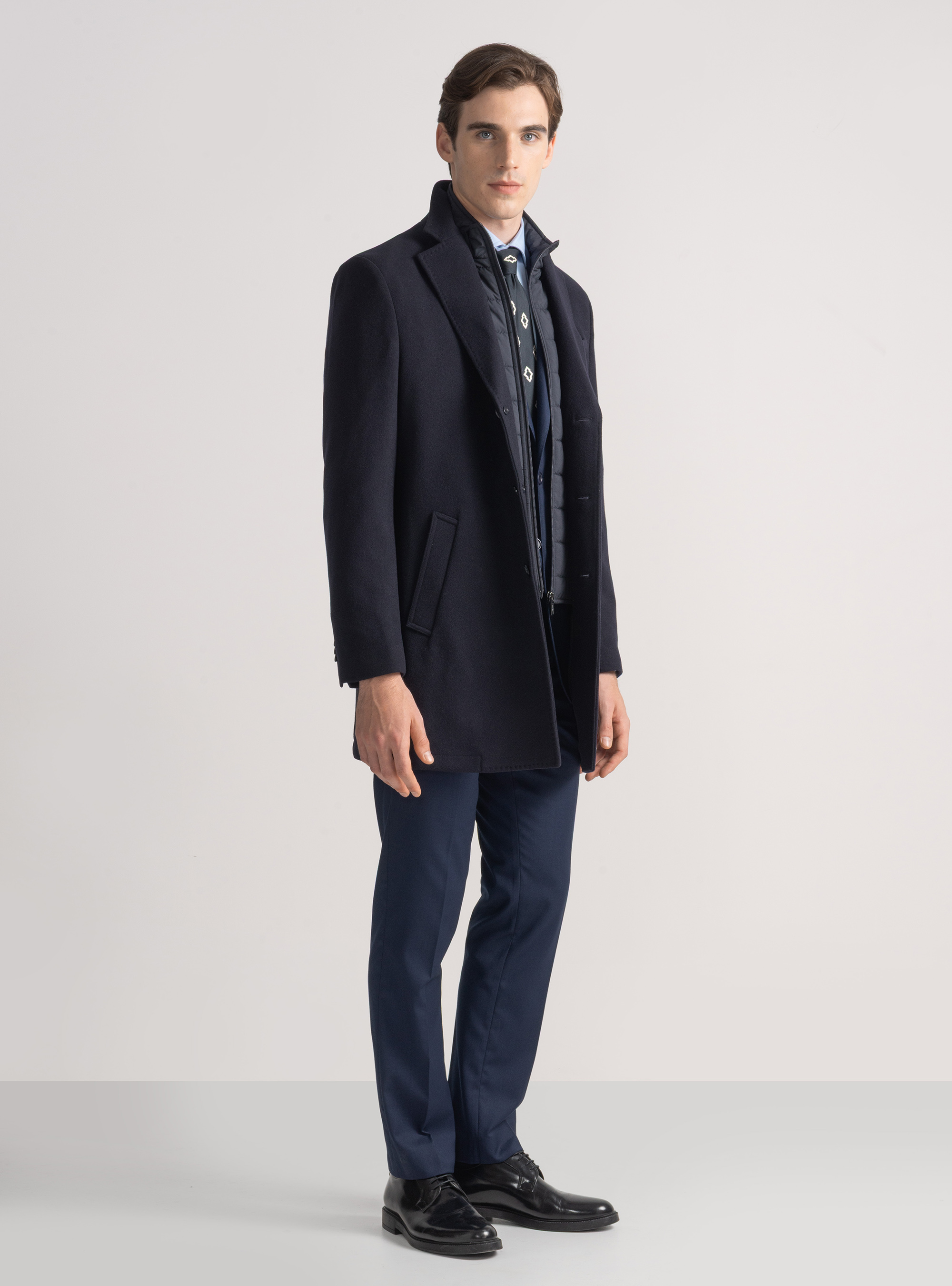 Wool-blend coat with bib, NAVY BLUE