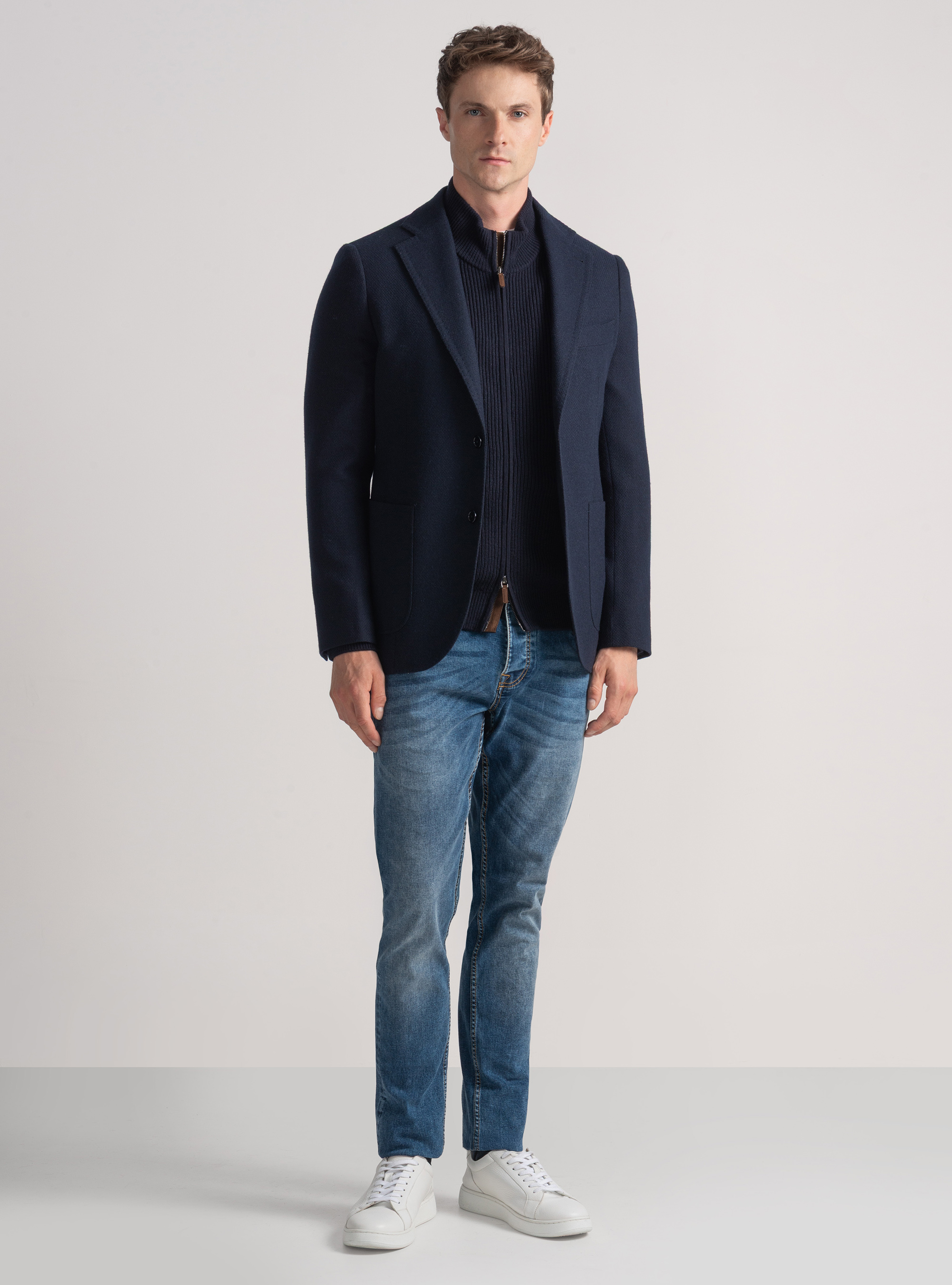 Giacca hopsack in lana cotone e cashmere, BLU NAVY