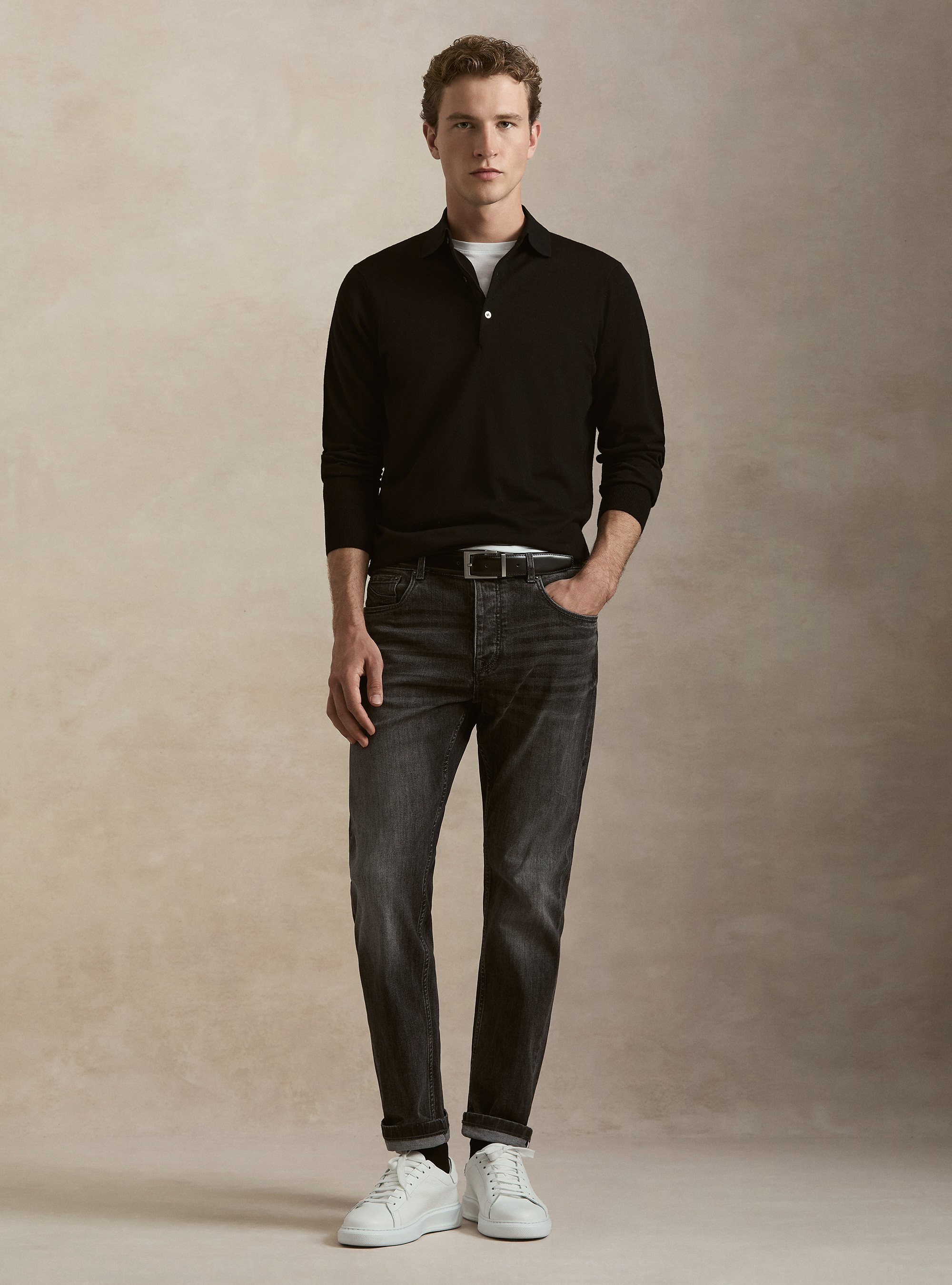Extrafine merino wool knit polo shirt, BLACK
