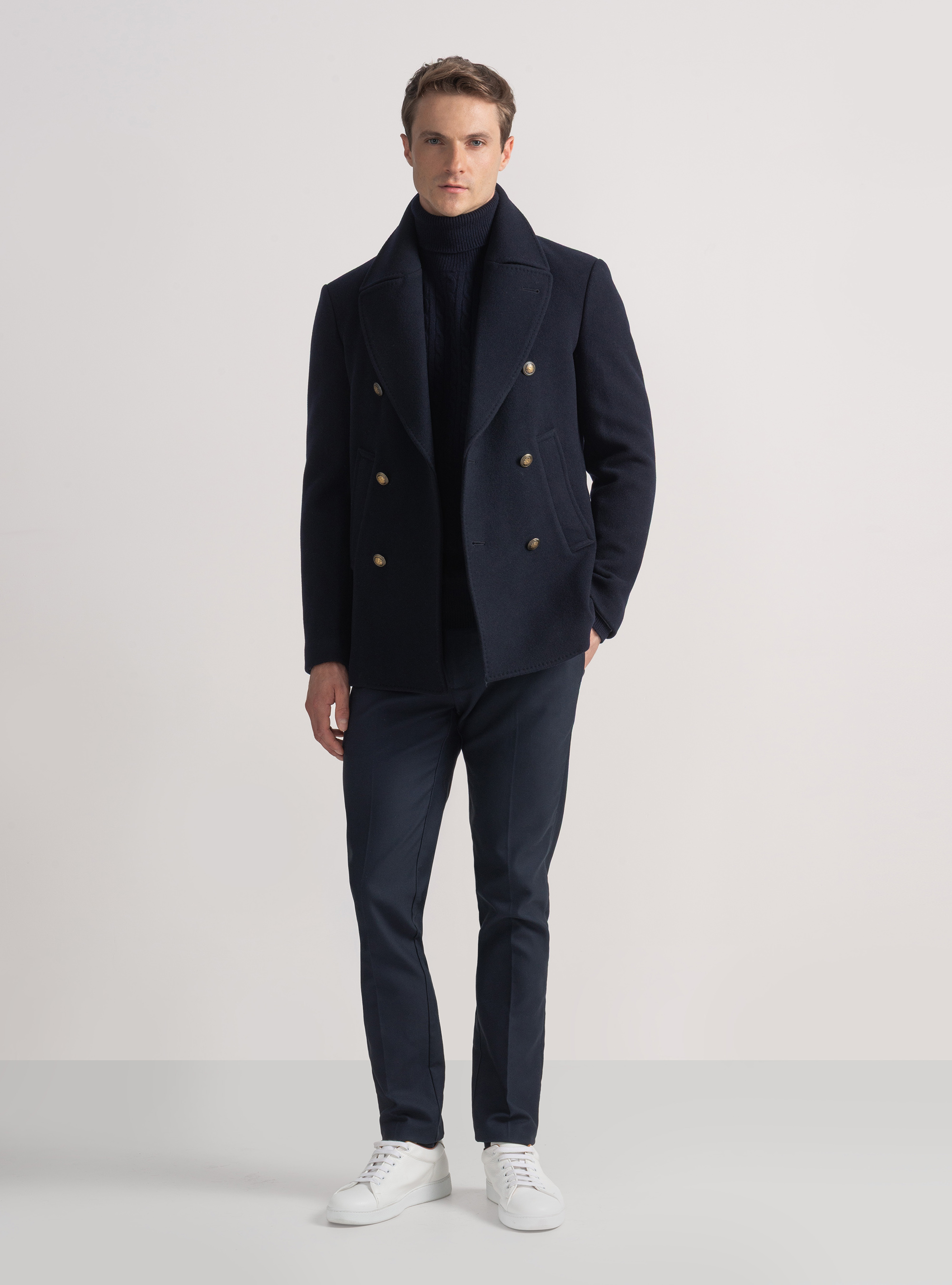 Wool-blend peacoat with metal button, NAVY BLUE