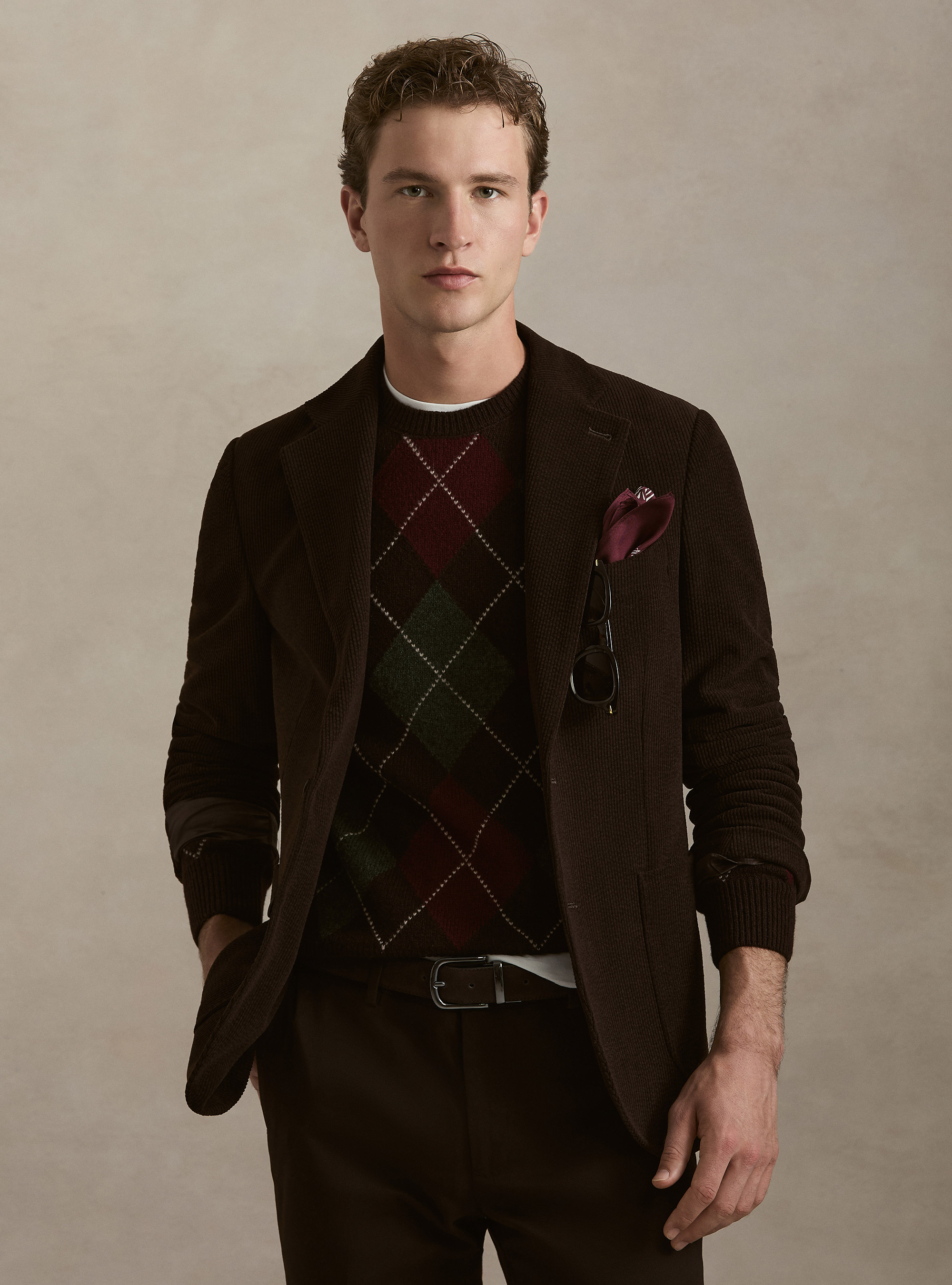 Veste droite en velours extensible, MARRON