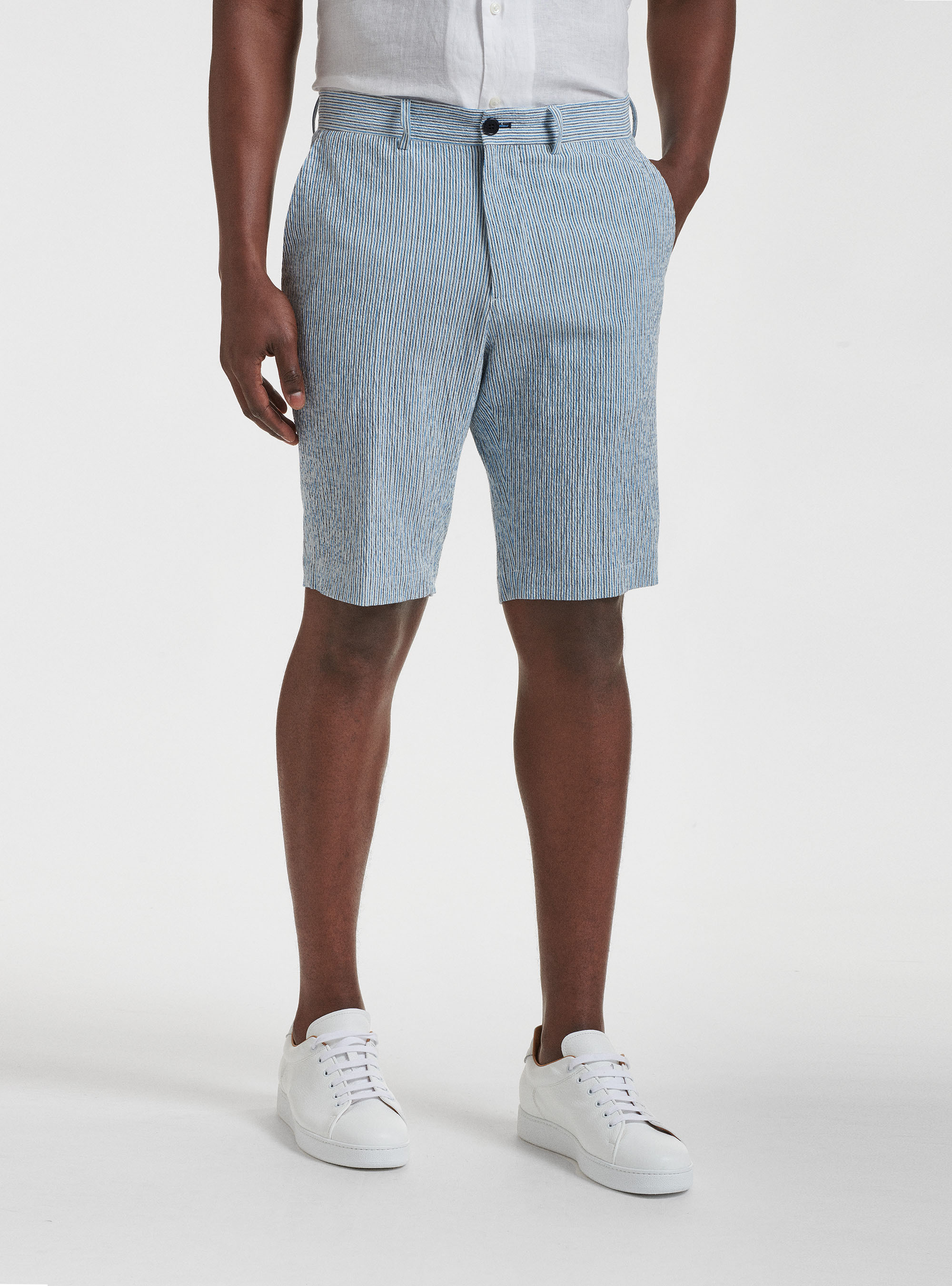 Bermudas de algod&oacute;n y lino a rayas seersucker, CELESTE