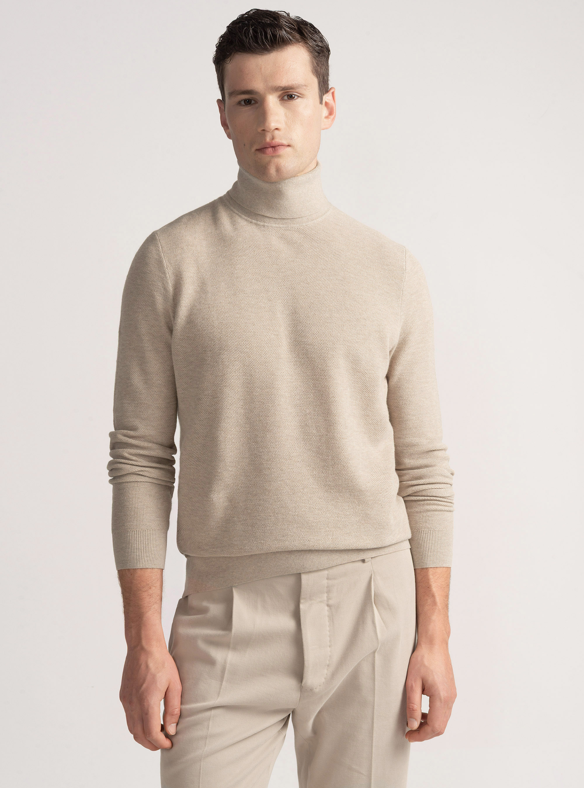 Rollkragenpullover mit Wabenmuster aus Baumwollkaschmir, ECRU 0560C
