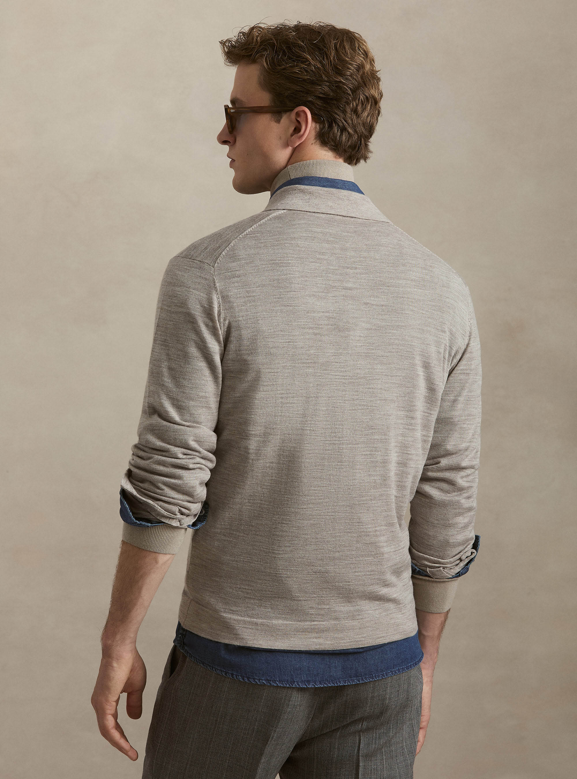 Langarm-Poloshirt aus Extrafine Merinowolle, SABBIA MELANGE 0564C