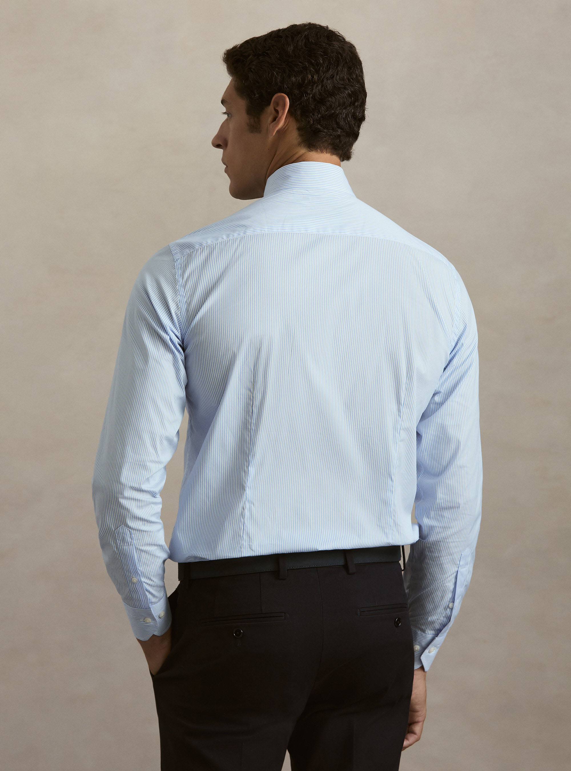Camicia in cotone rigato popeline stretch, AZZURRO