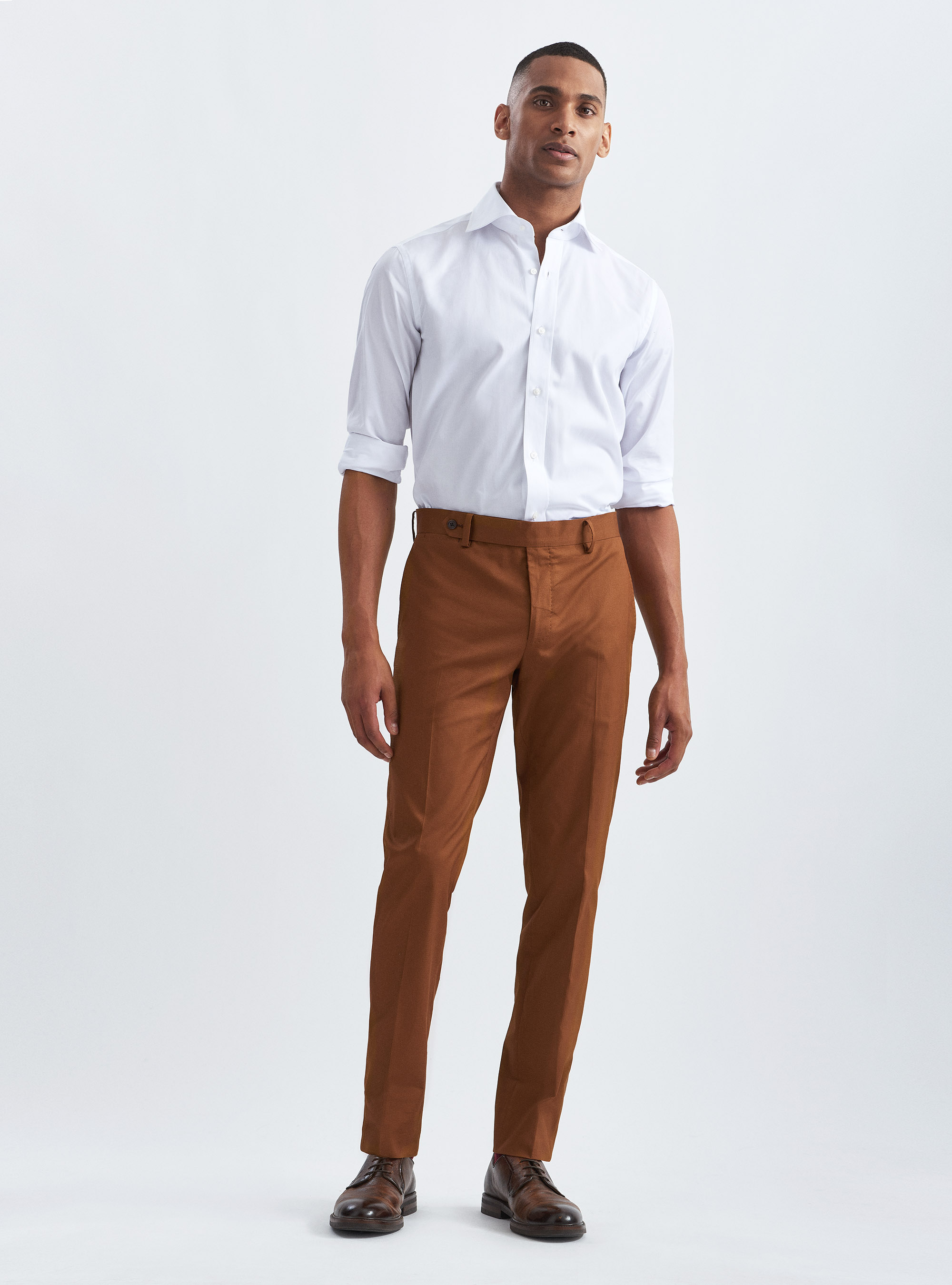 Pantaloni per abito in cotone stretch armaturato, TABACCO