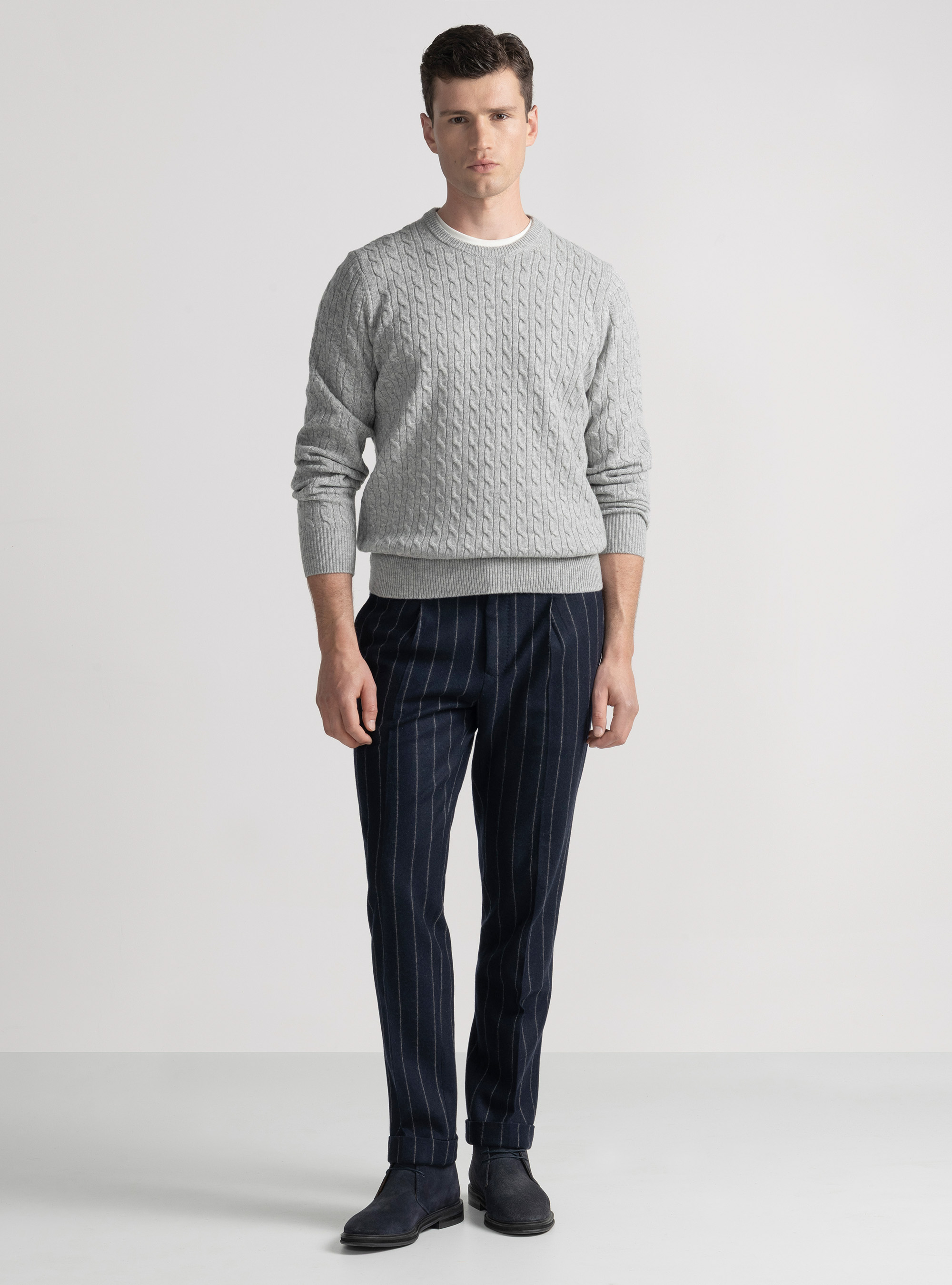 Maglia girocollo con treccia in lana e cashmere, GRIGIO CHIARO MELANGE