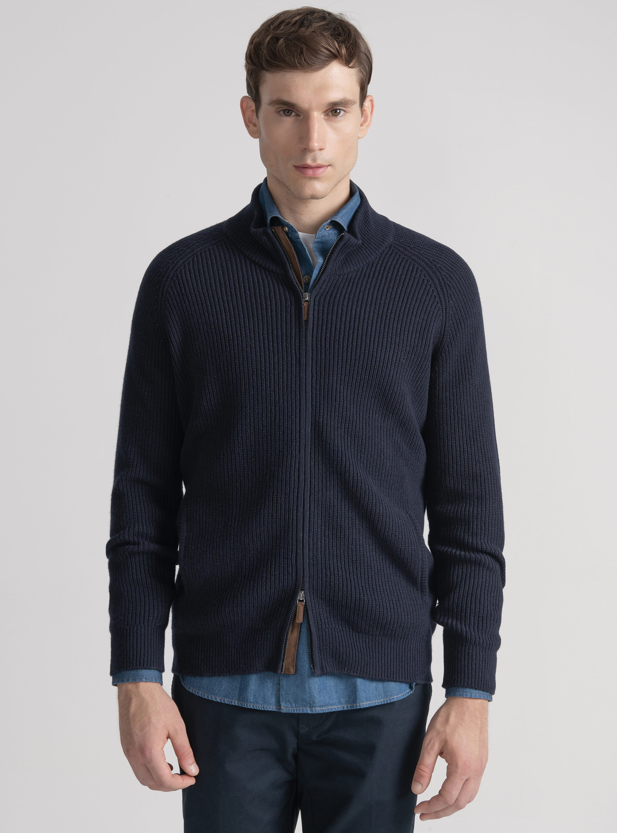 Merino wool raglan knitted zip cardigan, NAVY BLUE