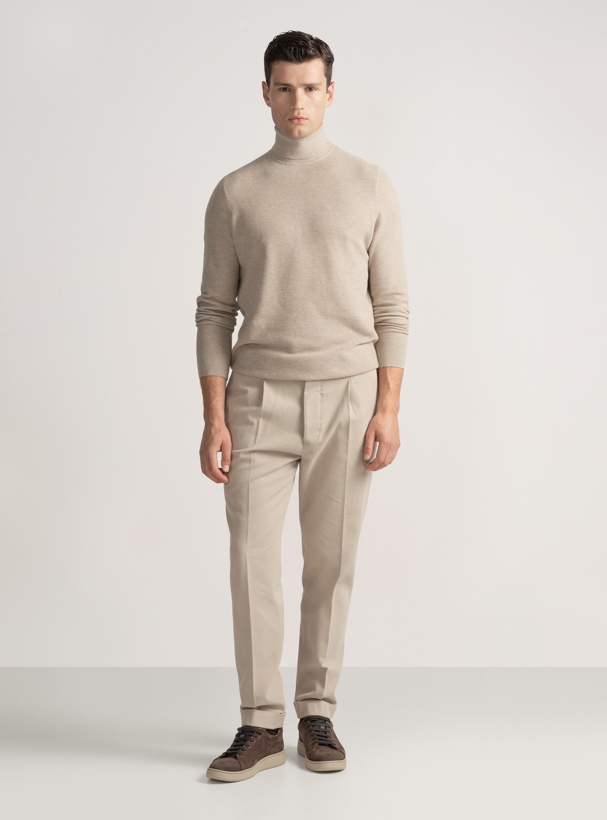 Rollkragenpullover mit Wabenmuster aus Baumwollkaschmir, ECRU 0560C