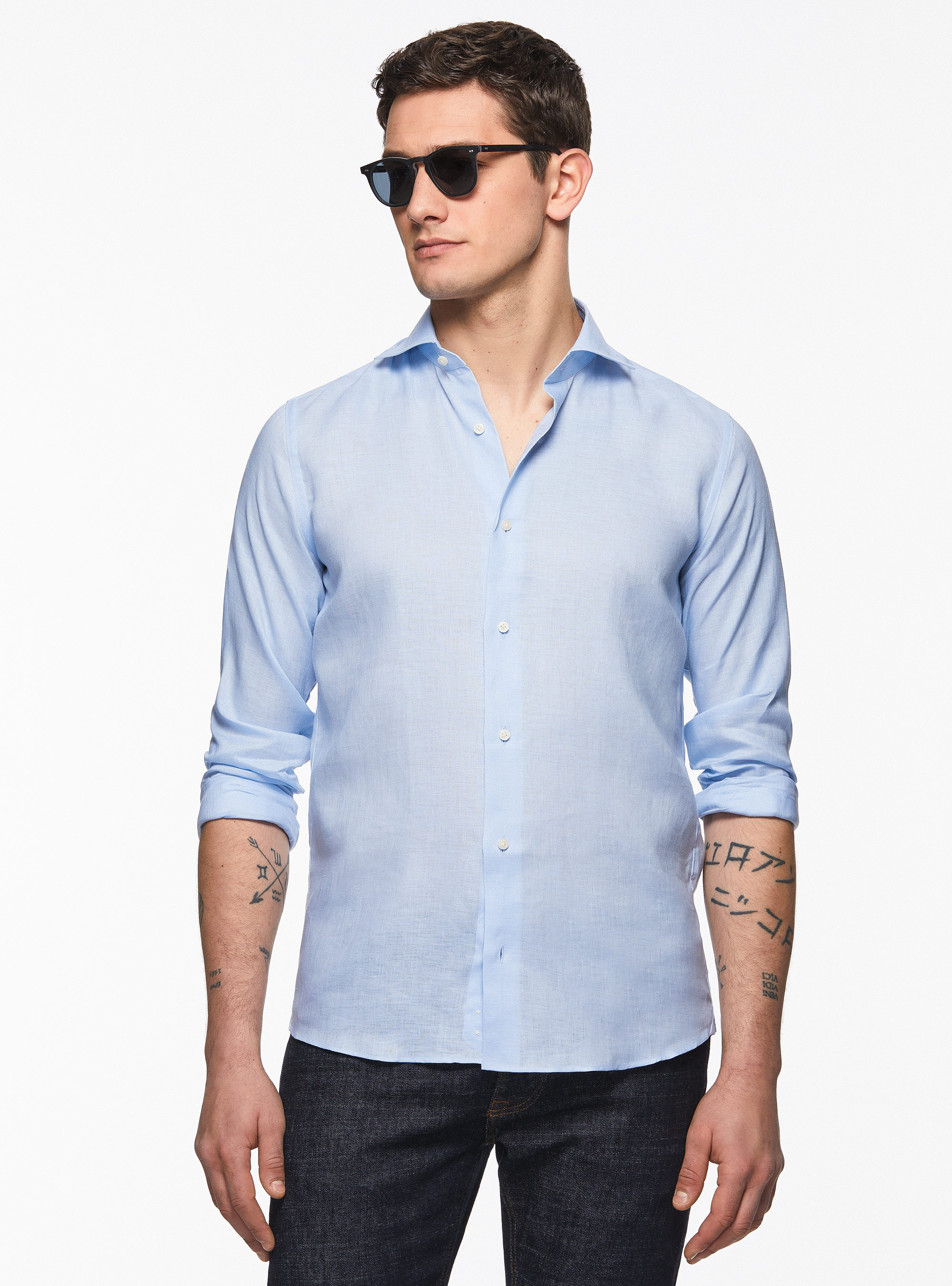 Pure Linen Shirt with Semi-French Collar, LIGHT BLUE