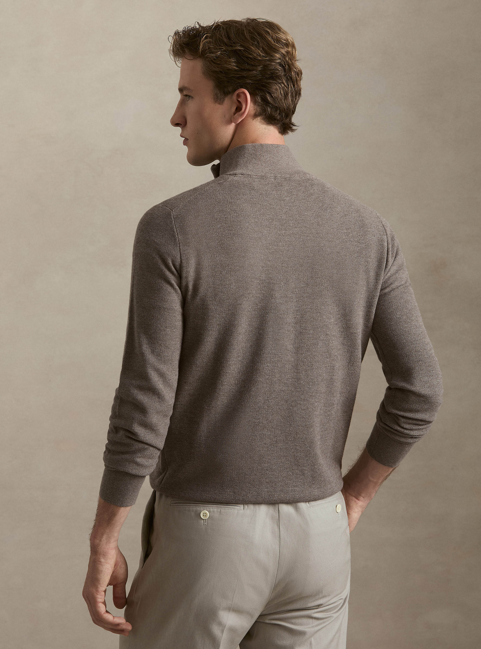 Cotton-cashmere half-zip sweater in honeycomb stitch, MUD