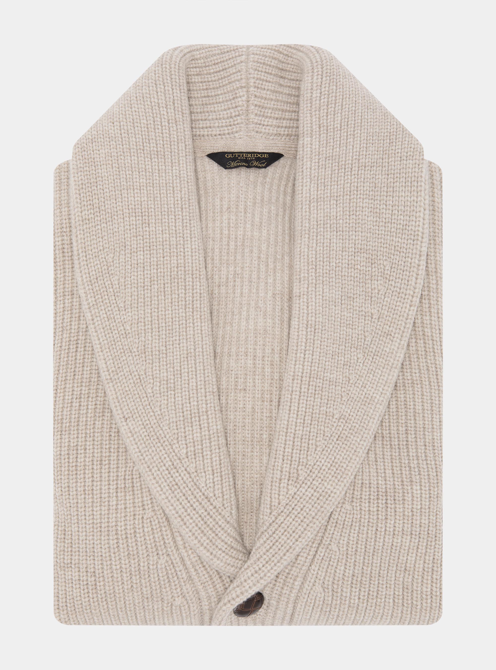 Merino wool shawl collar cardigan, ECRU